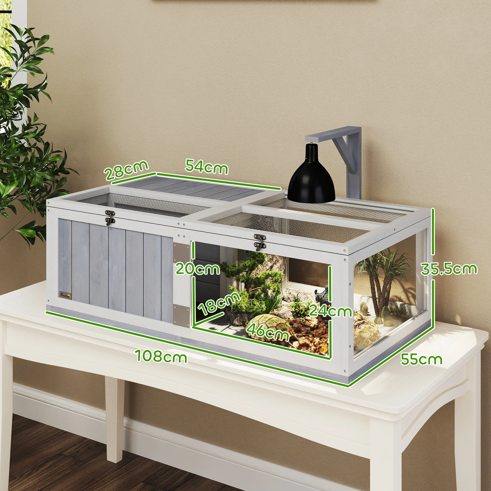 PawHut Wooden Tortoise House with Lamp Holder, Clear Observation Windows - Image 5