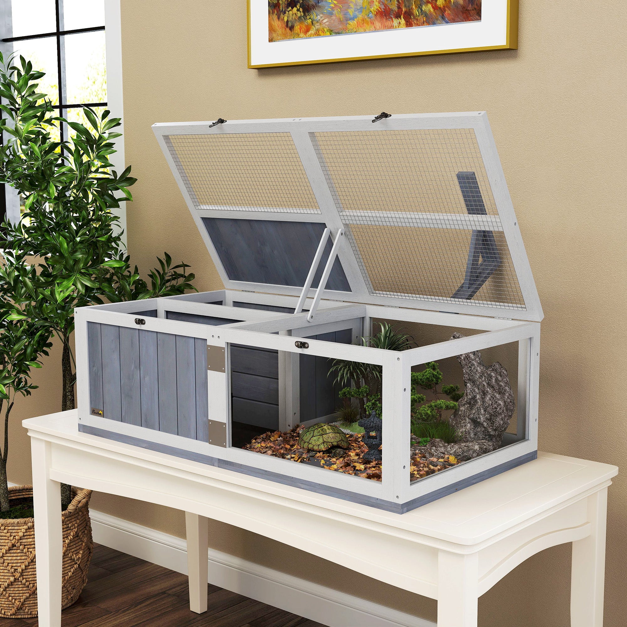 PawHut Wooden Tortoise House with Lamp Holder, Clear Observation Windows - Image 9