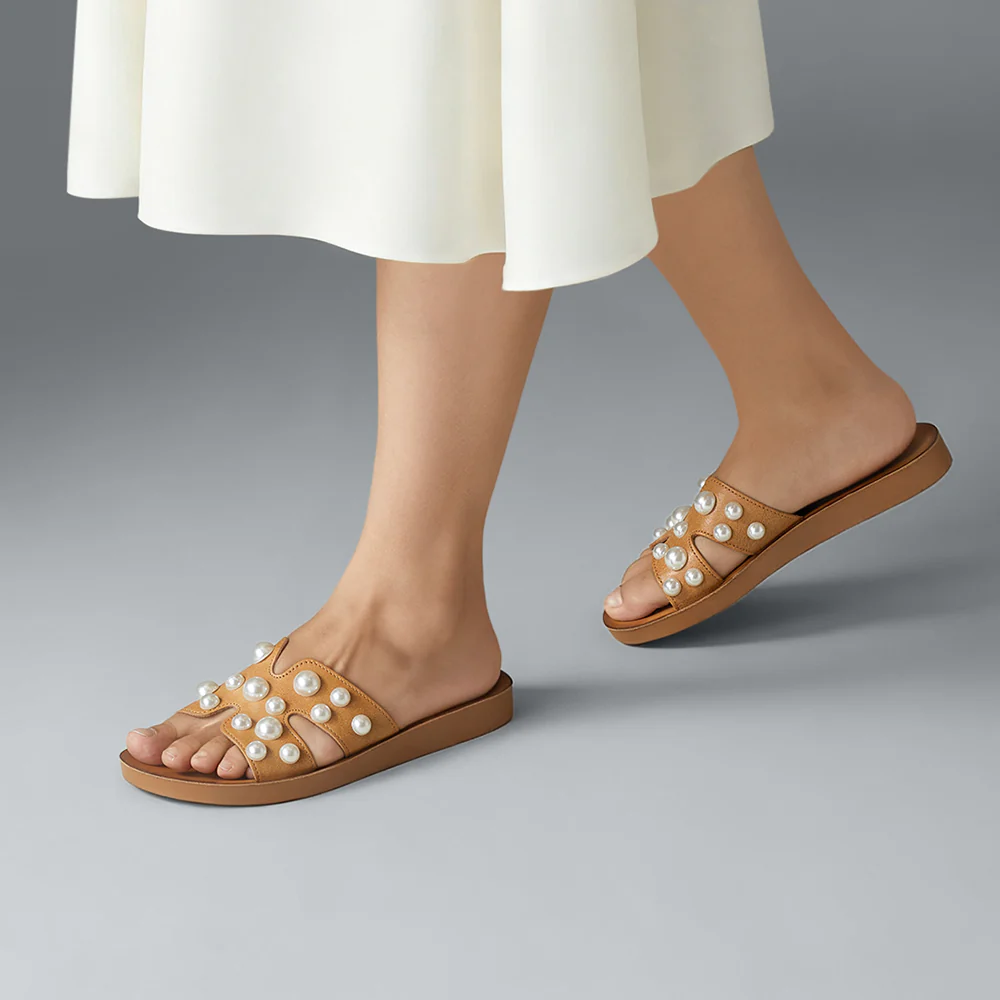 Pearl Embellished Leather Slide Sandals - Image 2