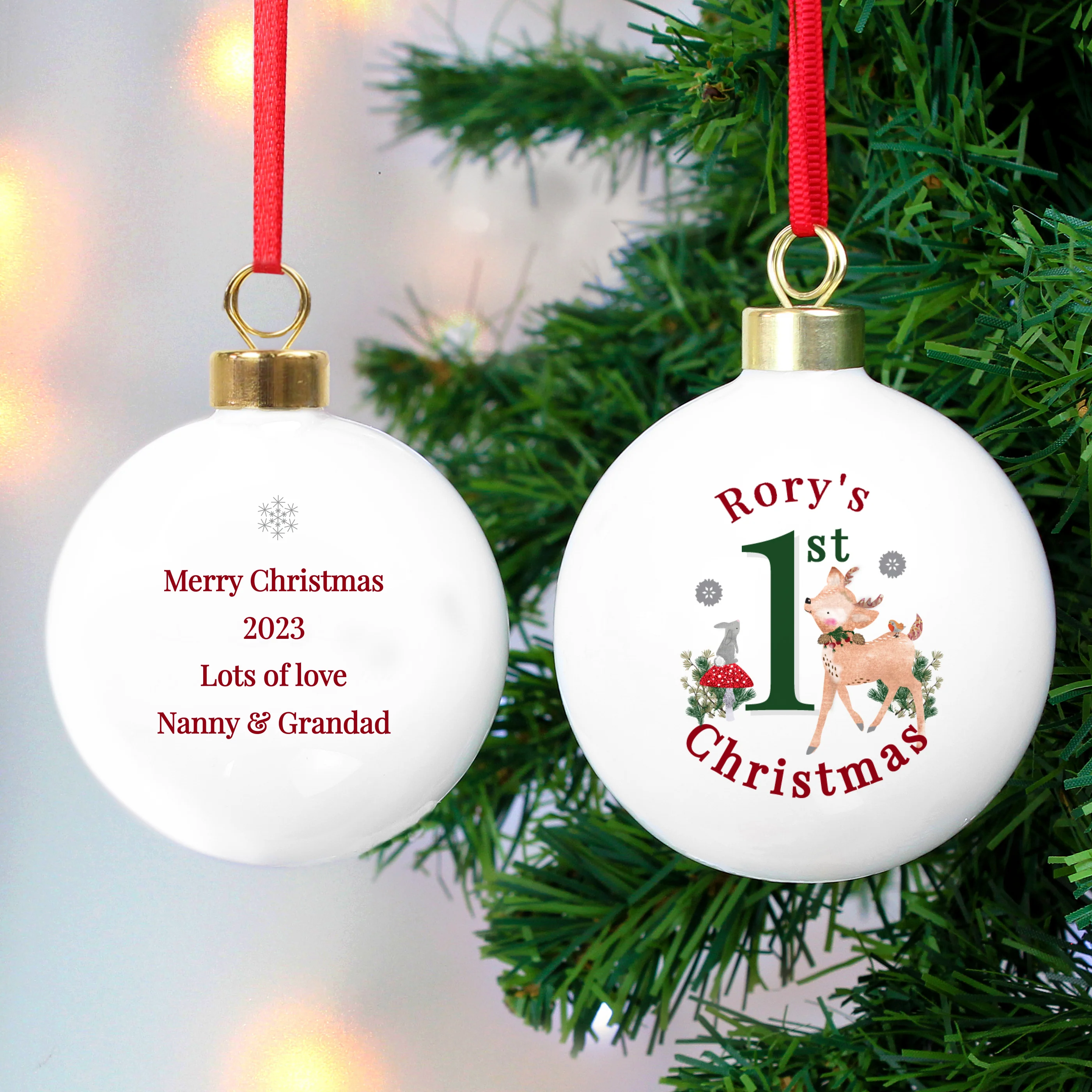 Personalised 1st Christmas Festive Fawn Bauble - Image 2