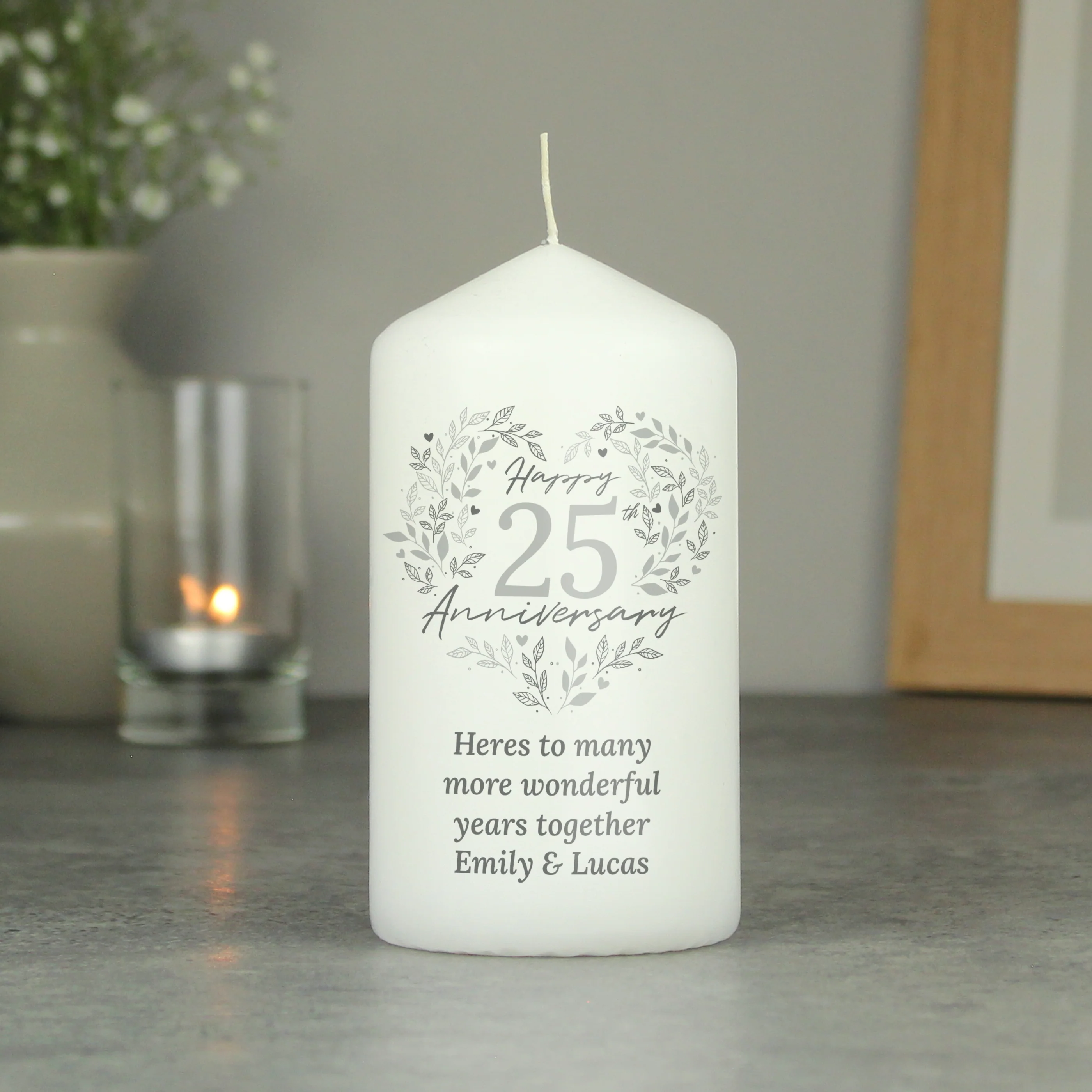Personalised 25th Silver Wedding Anniversary Pillar Candle - Image 3
