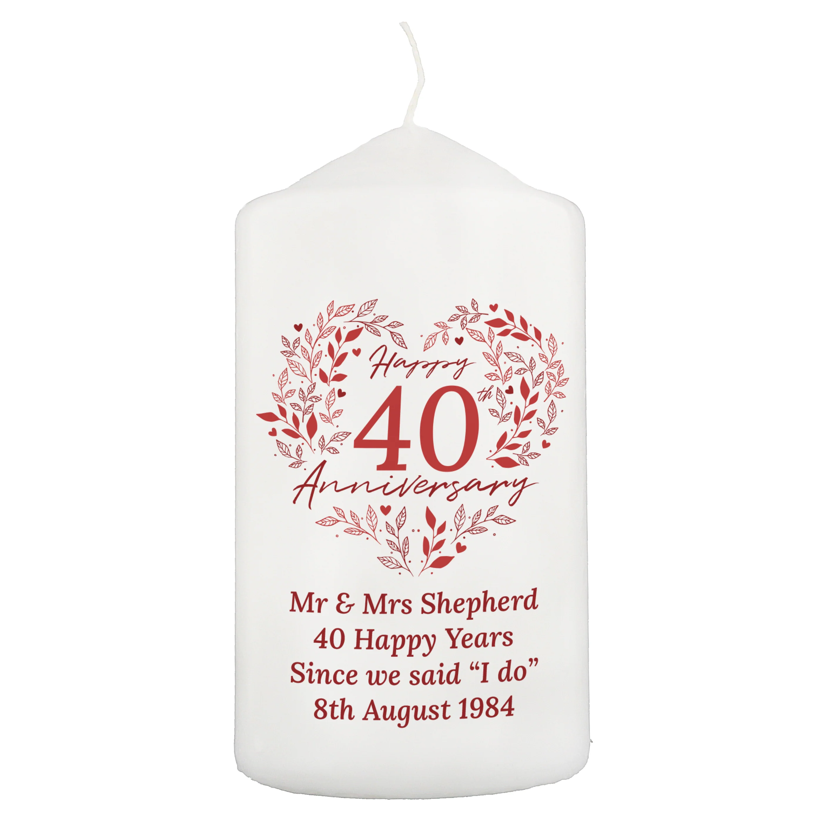 Personalised 40th Ruby Wedding Anniversary Pillar Candle - Image 5