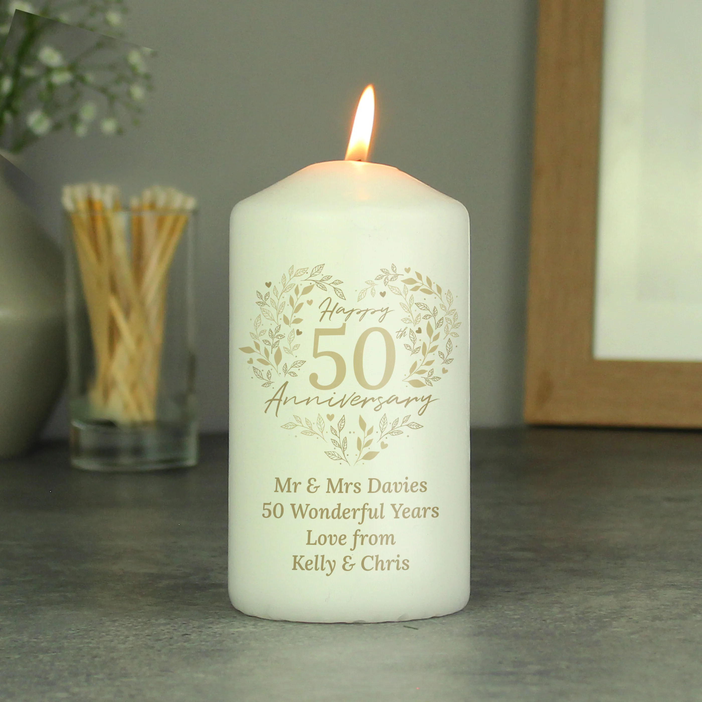 Personalised 50th Golden Wedding Anniversary Pillar Candle - Image 2