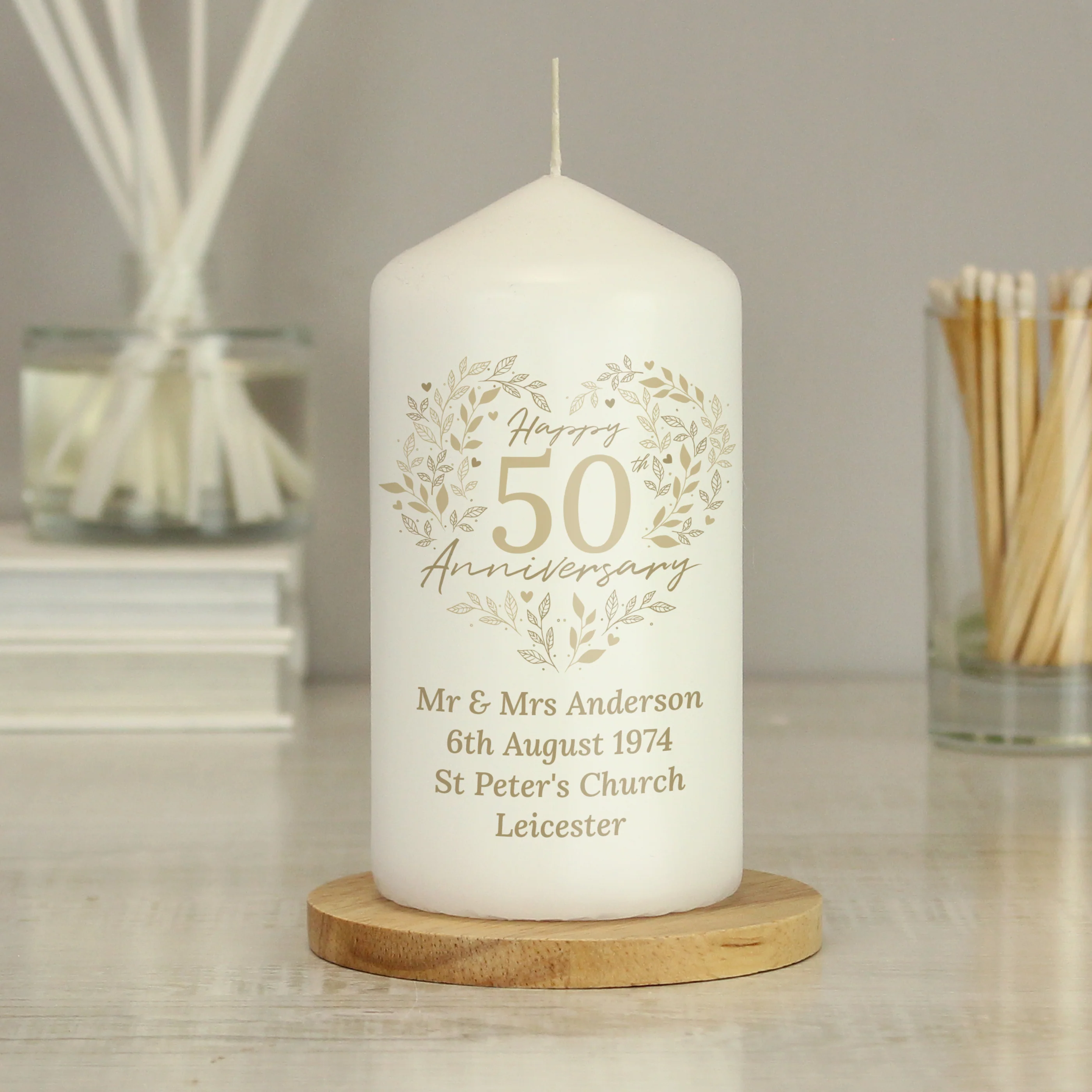 Personalised 50th Golden Wedding Anniversary Pillar Candle - Image 4