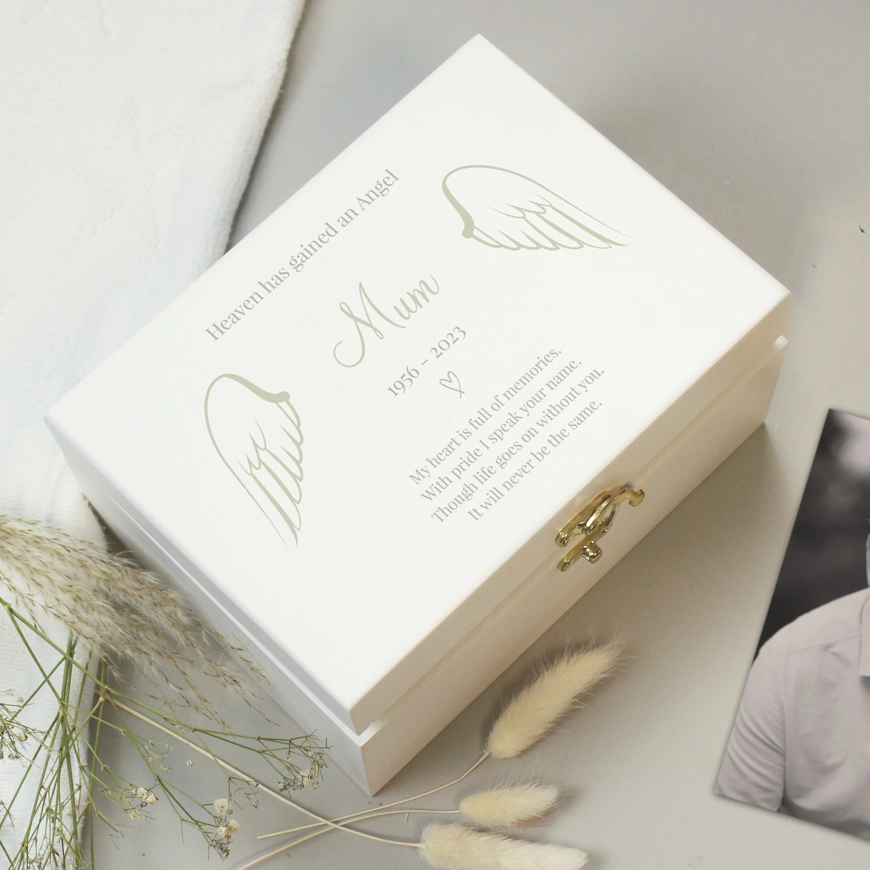 Personalised Angel Wings Memorial White Wooden Box - Image 3