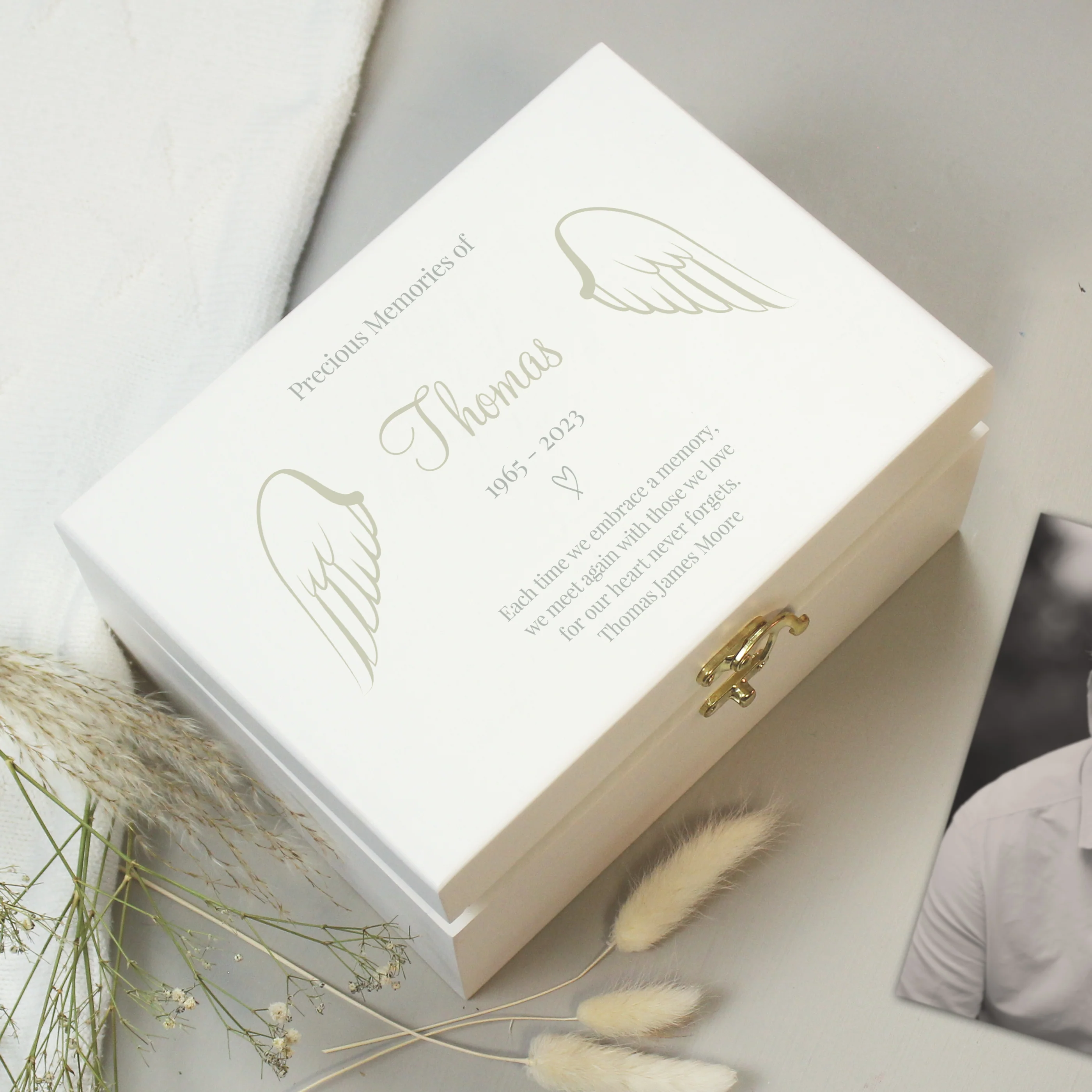Personalised Angel Wings Memorial White Wooden Box - Image 4