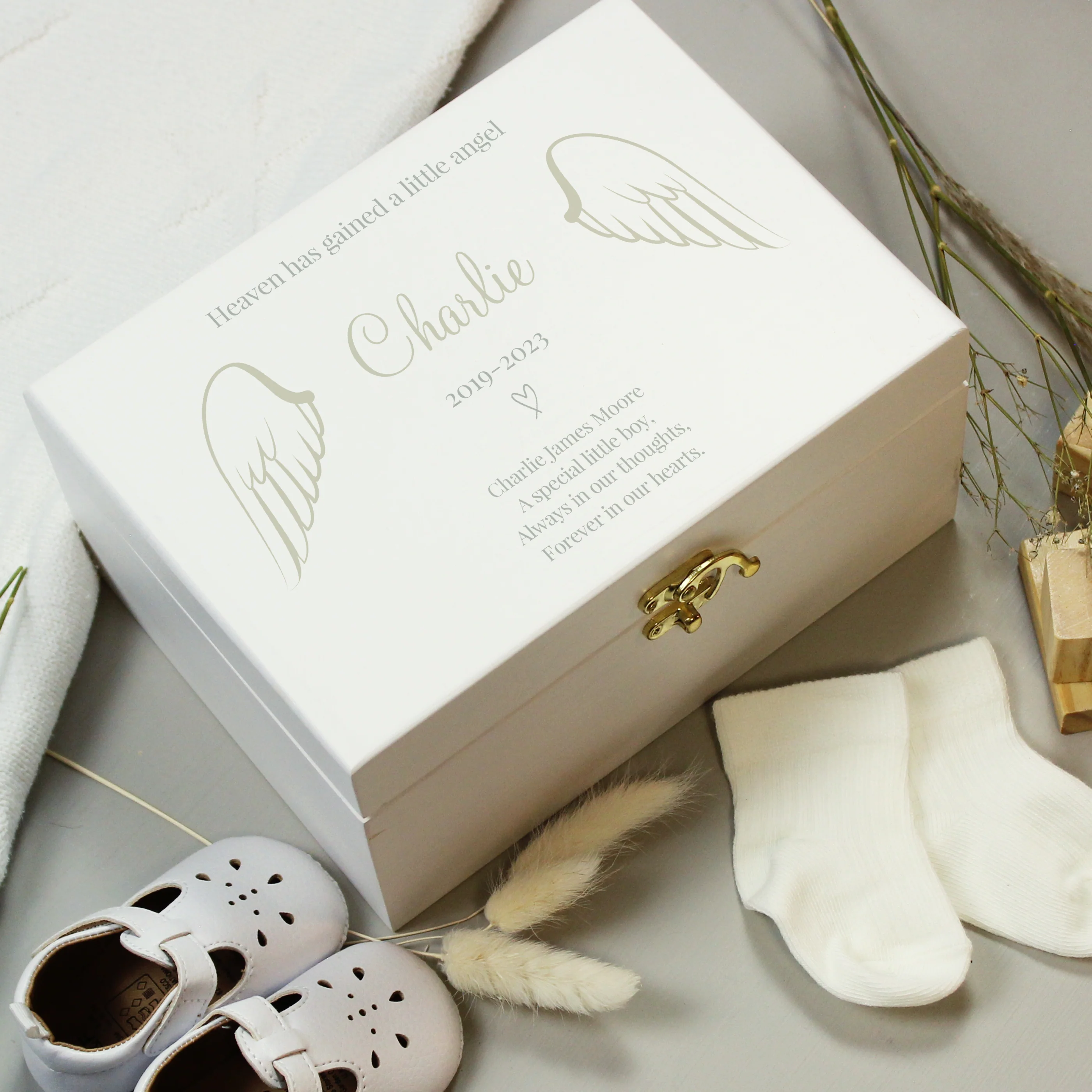 Personalised Angel Wings Memorial White Wooden Box - Image 6