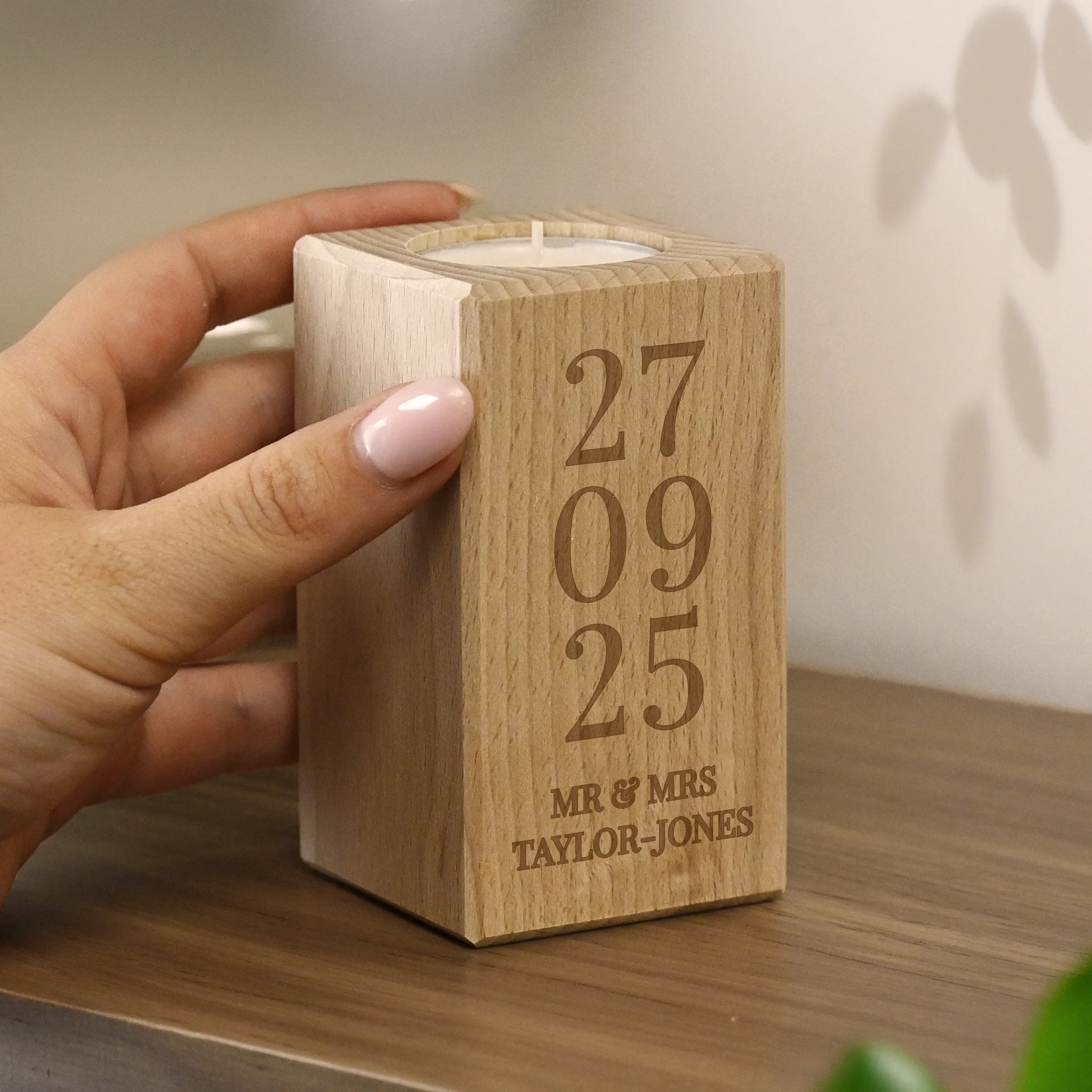 Personalised Anniversary Date Wooden Tealight Holder - Image 2