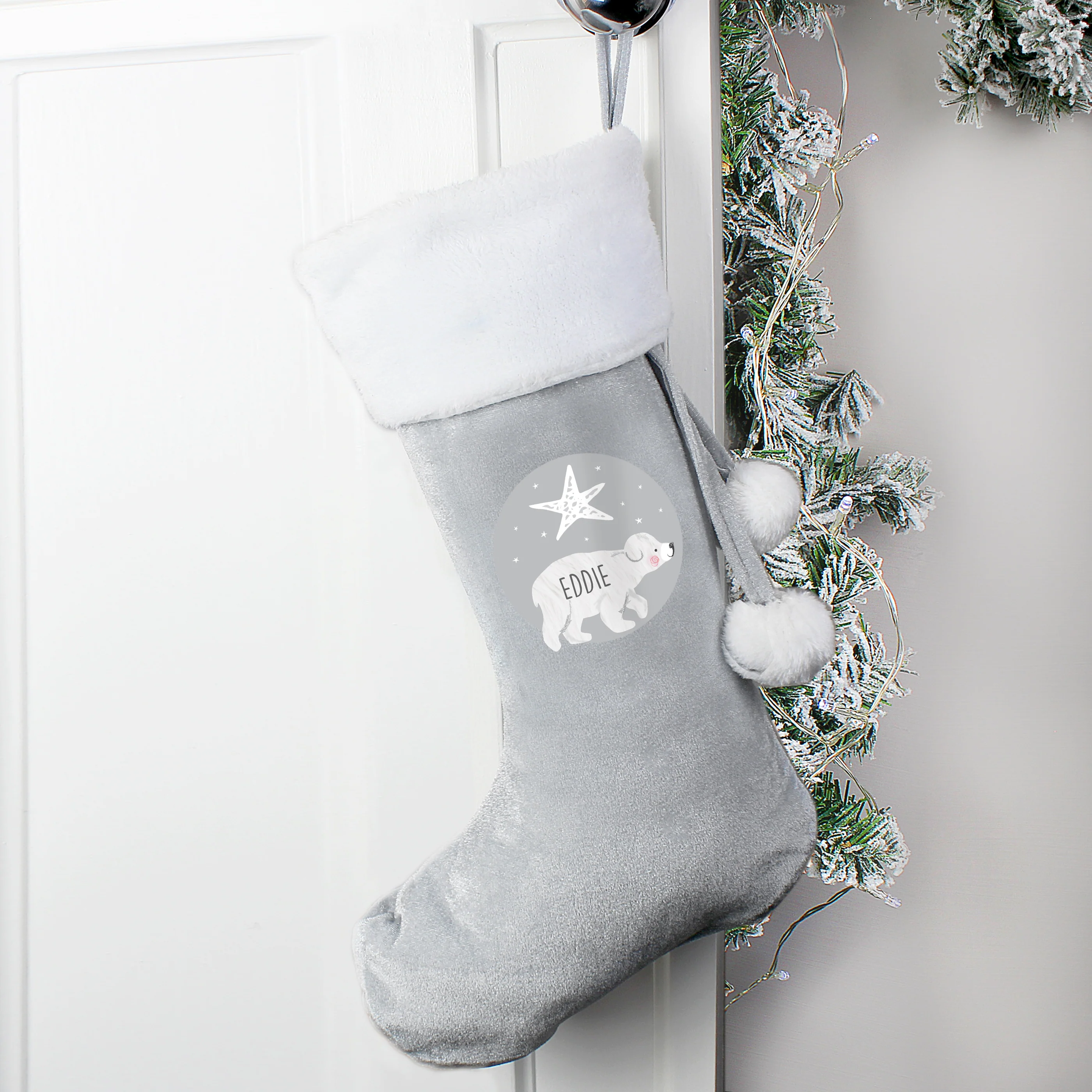 Personalised Baby Polar Bear Luxury Silver Grey Stocking - Image 2