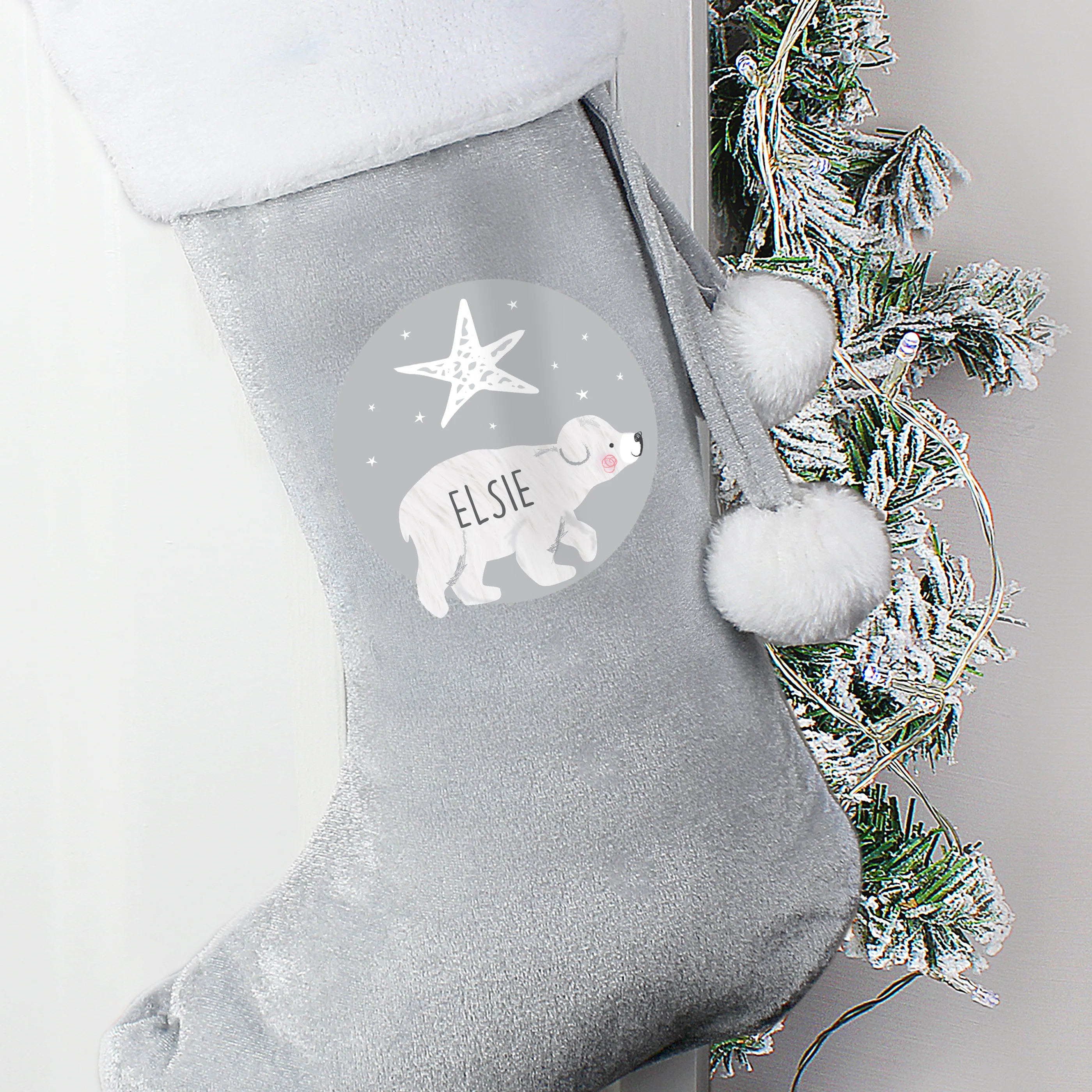 Personalised Baby Polar Bear Luxury Silver Grey Stocking - Image 3