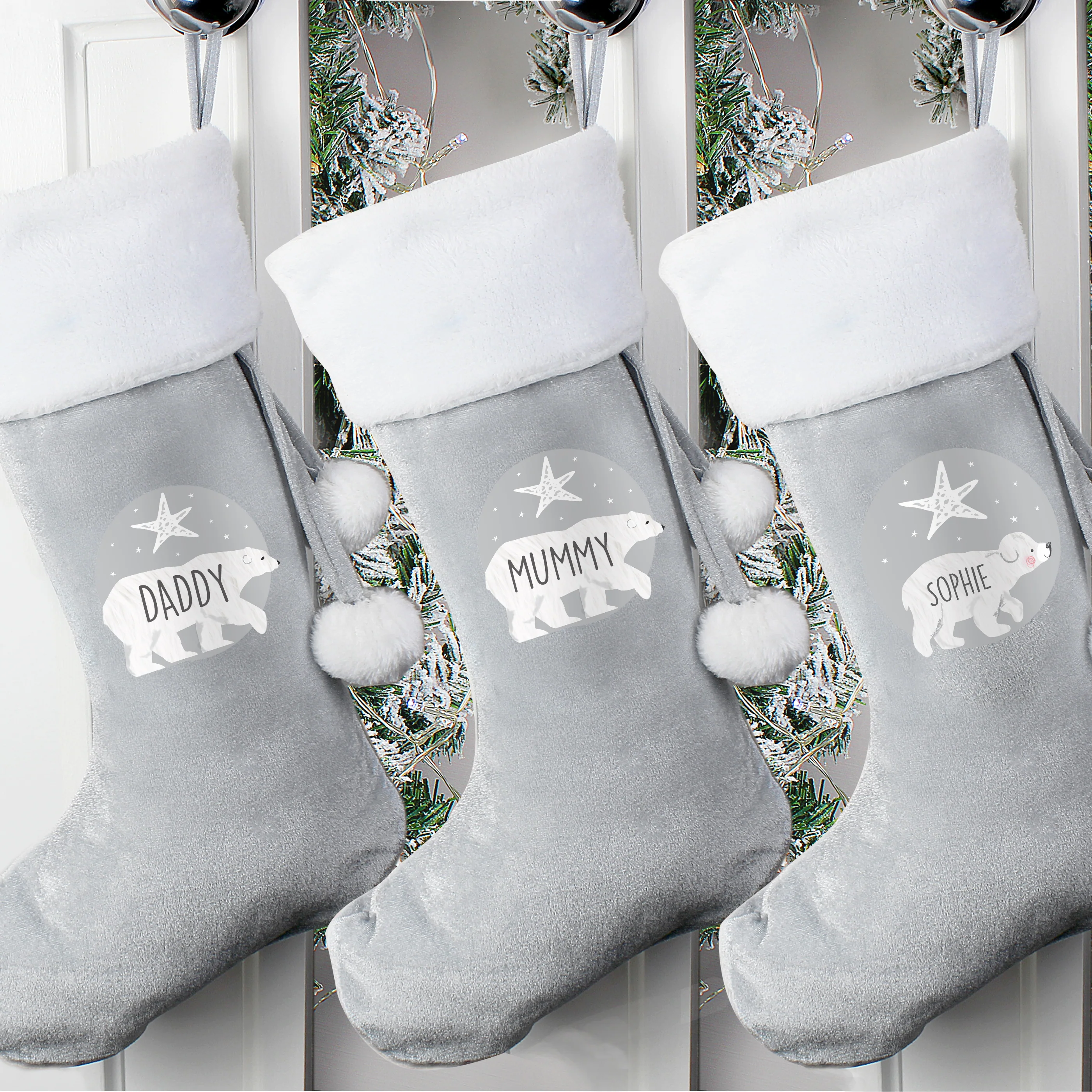 Personalised Baby Polar Bear Luxury Silver Grey Stocking - Image 4