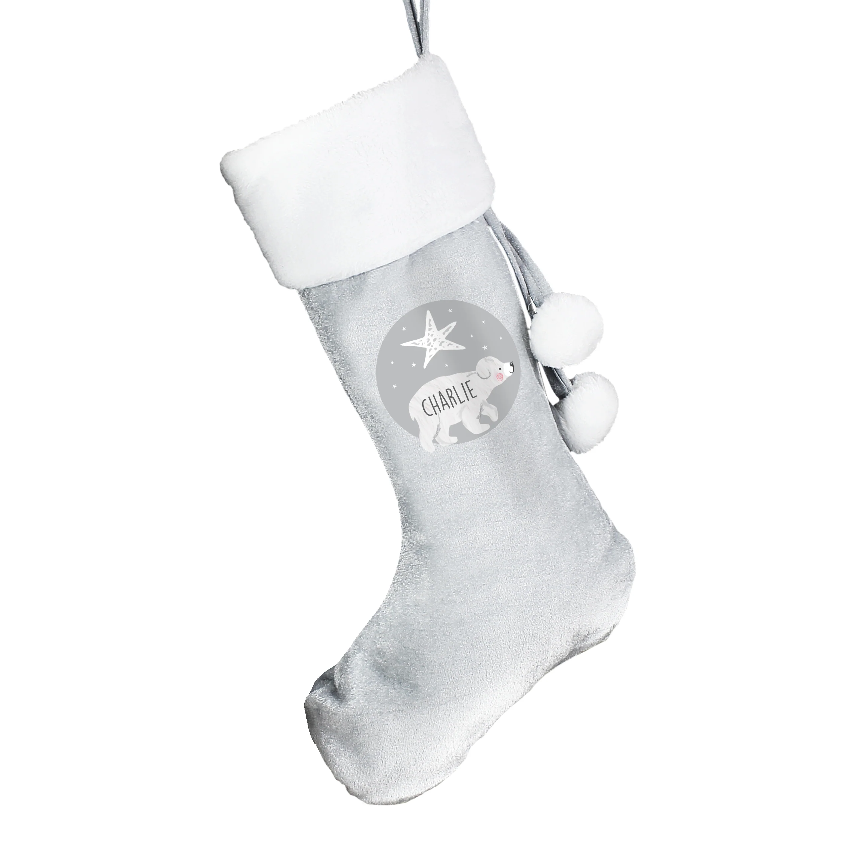 Personalised Baby Polar Bear Luxury Silver Grey Stocking - Image 5