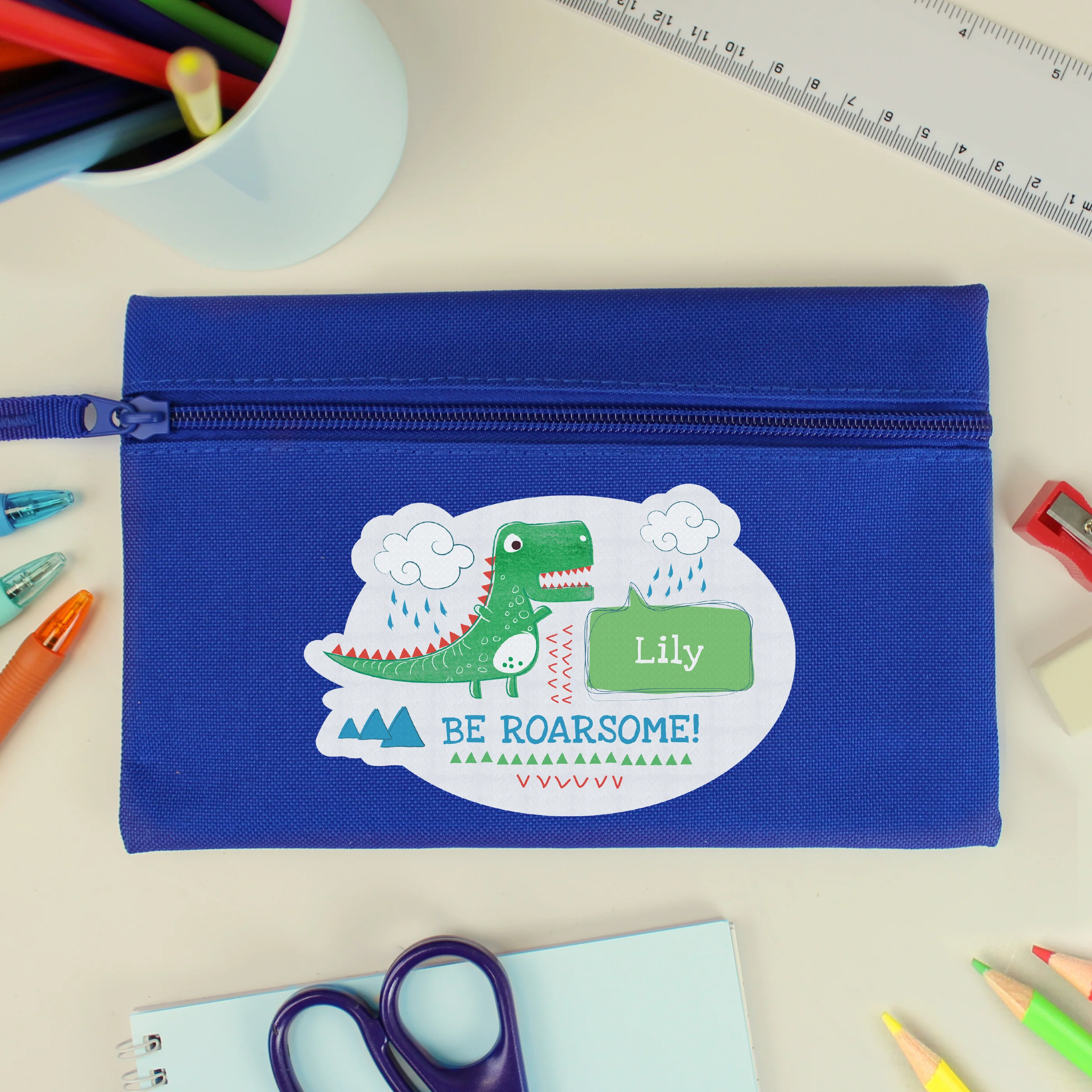 Personalised 'Be Roarsome' Dinosaur Blue Pencil Case - Image 2