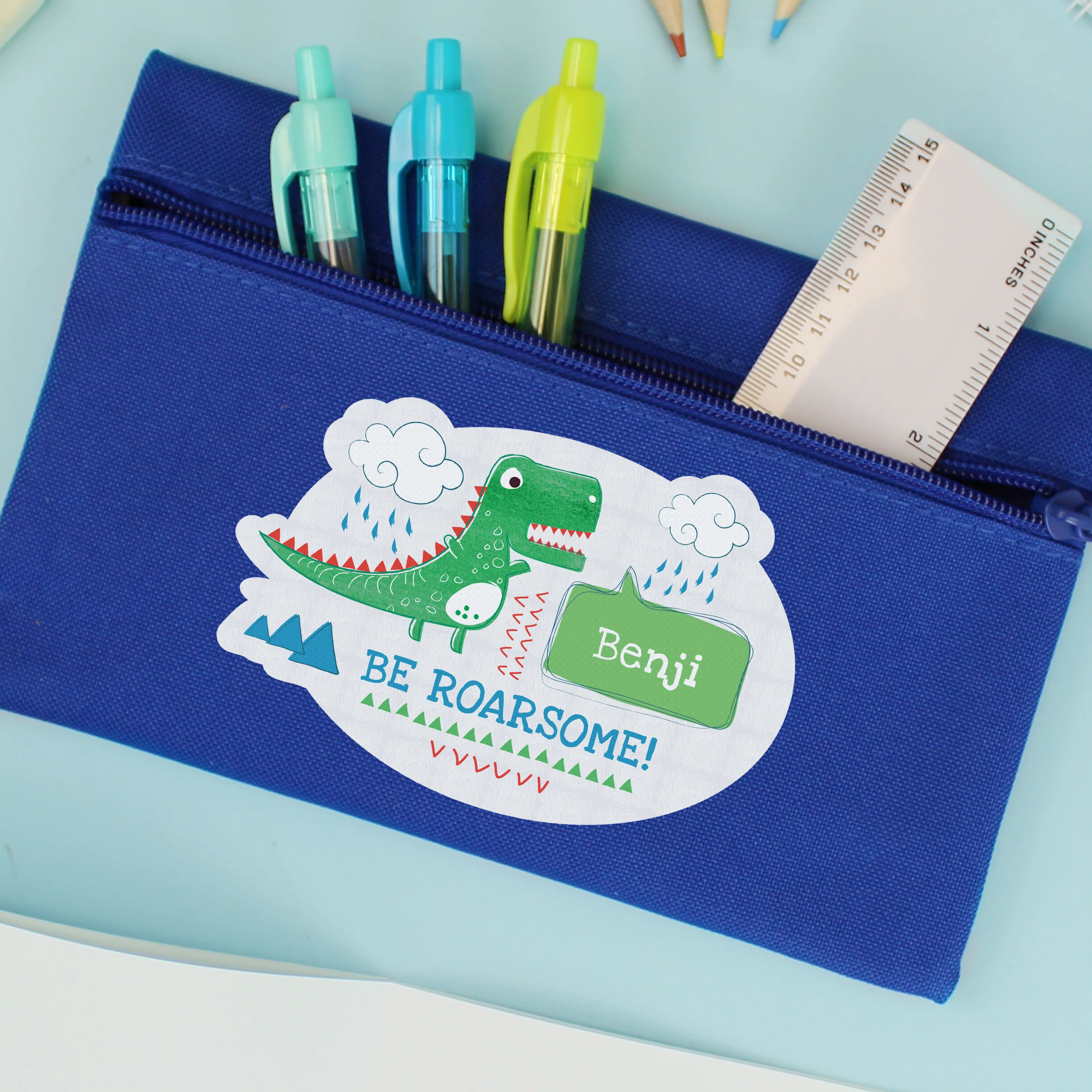 Personalised 'Be Roarsome' Dinosaur Blue Pencil Case - Image 4
