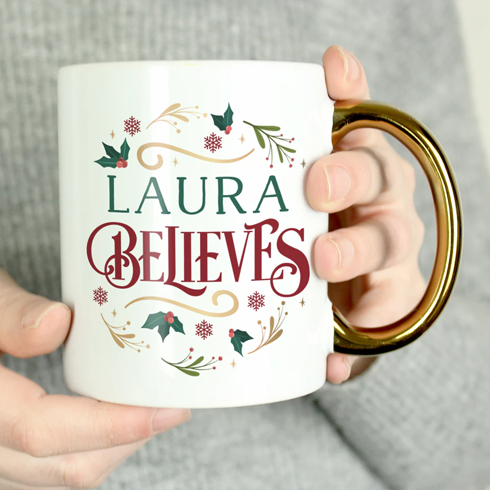 Personalised Believes In Christmas Gold Handled Mug - Image 2