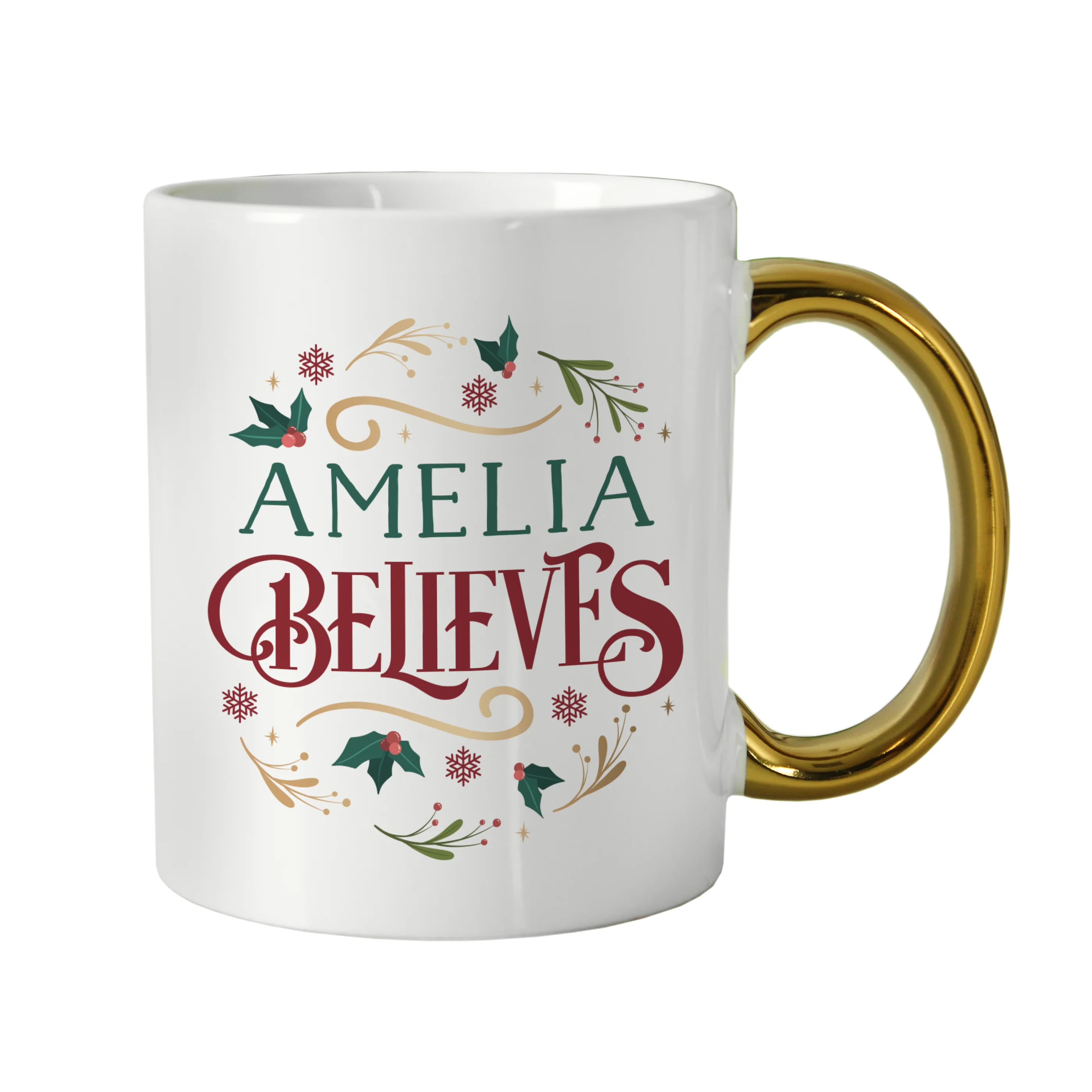 Personalised Believes In Christmas Gold Handled Mug - Image 3