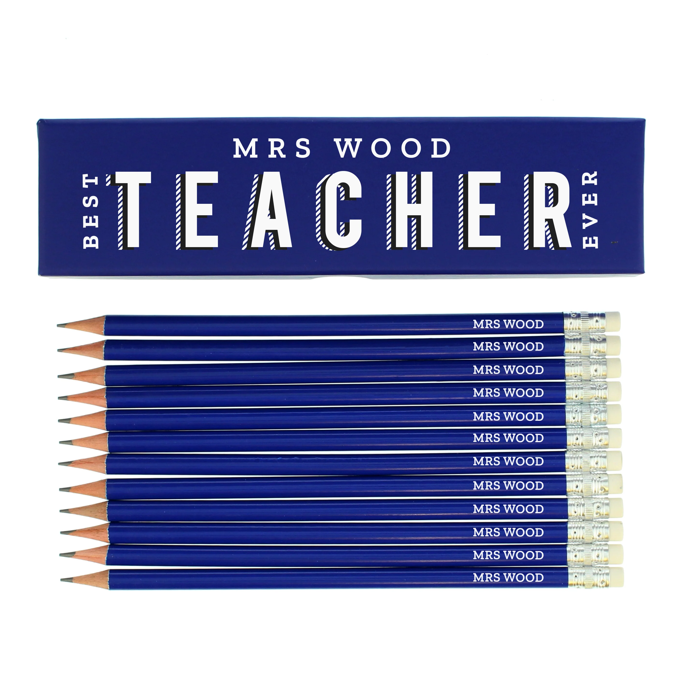 Personalised Best Teacher Ever Box and 12 Blue HB Pencils - Image 2