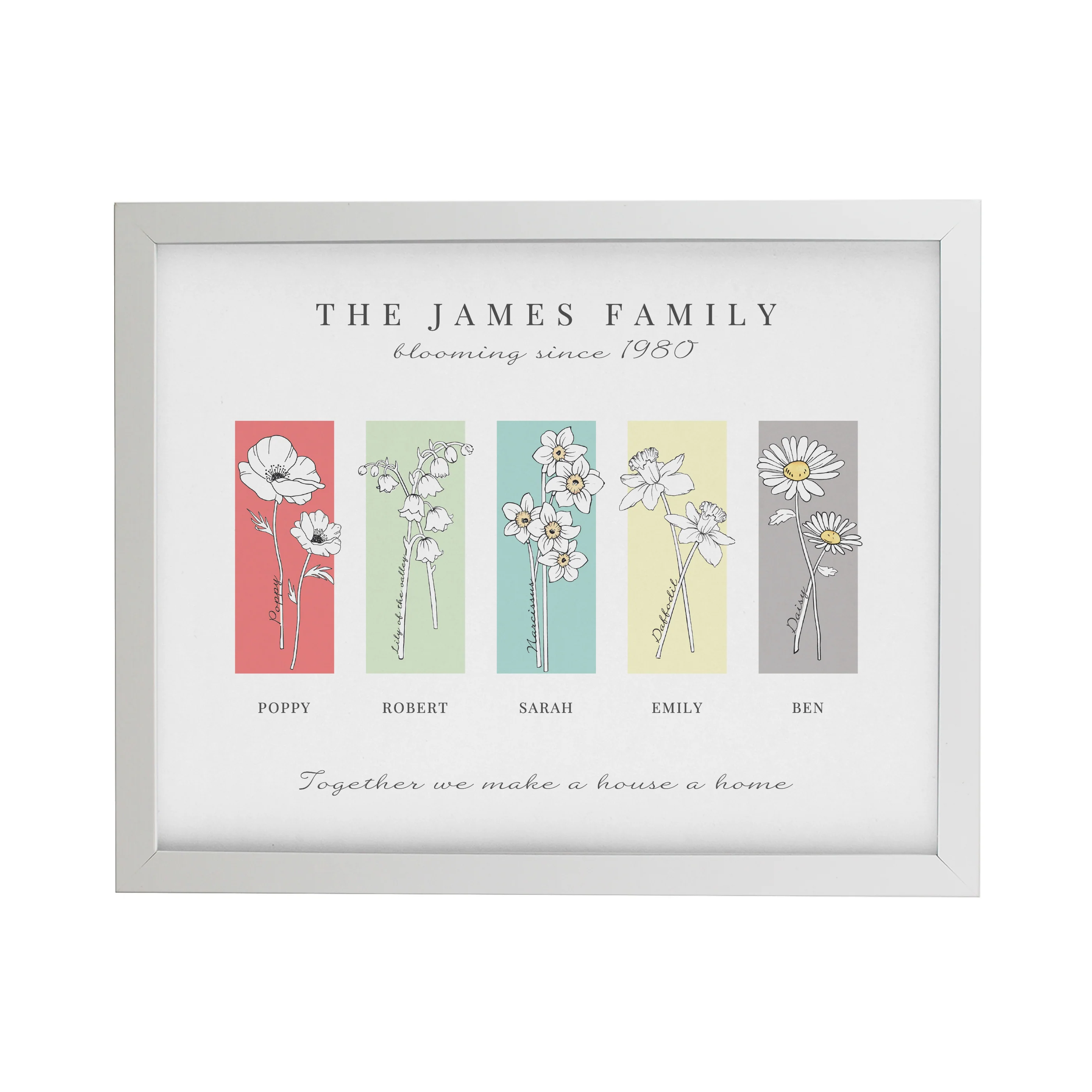 Personalised Birth Flower Family of 5 White Framed Print - Image 3