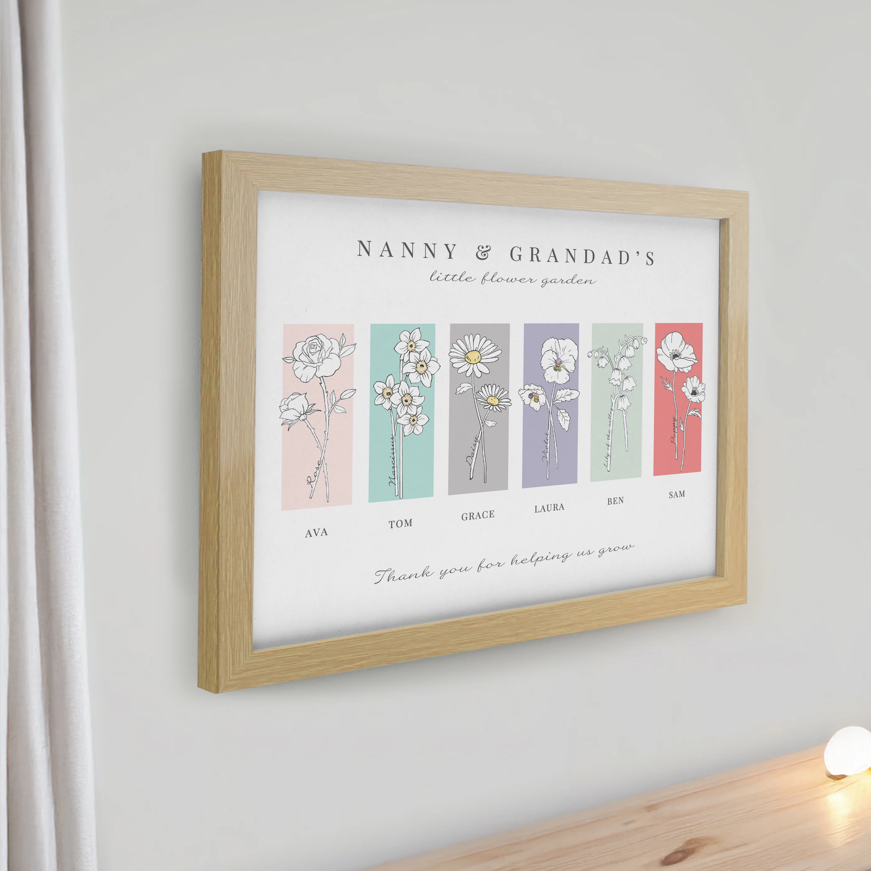 Personalised Birth Flower Family of 6 Oak Framed Print - Image 2