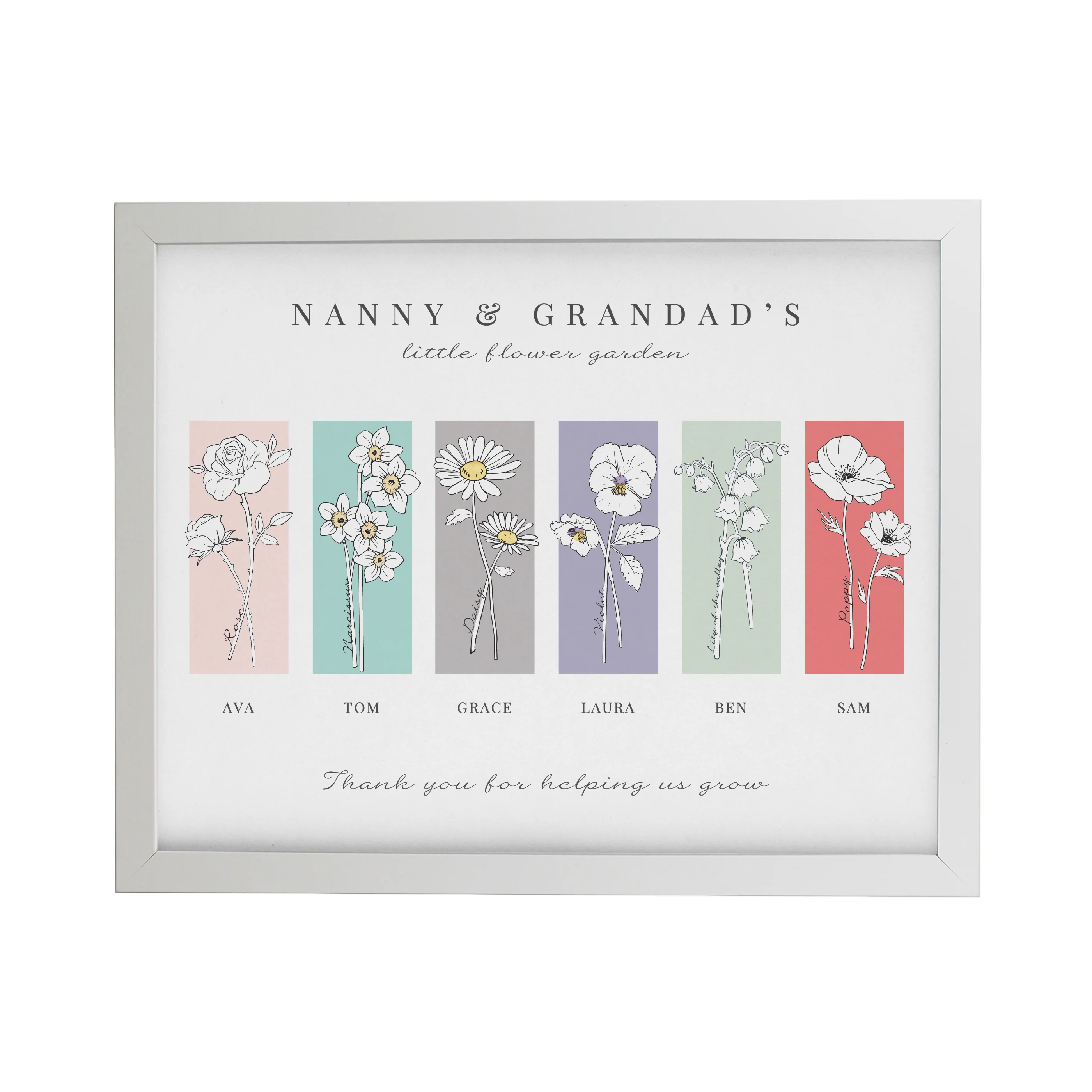 Personalised Birth Flower Family of 6 White Framed Print - Image 3