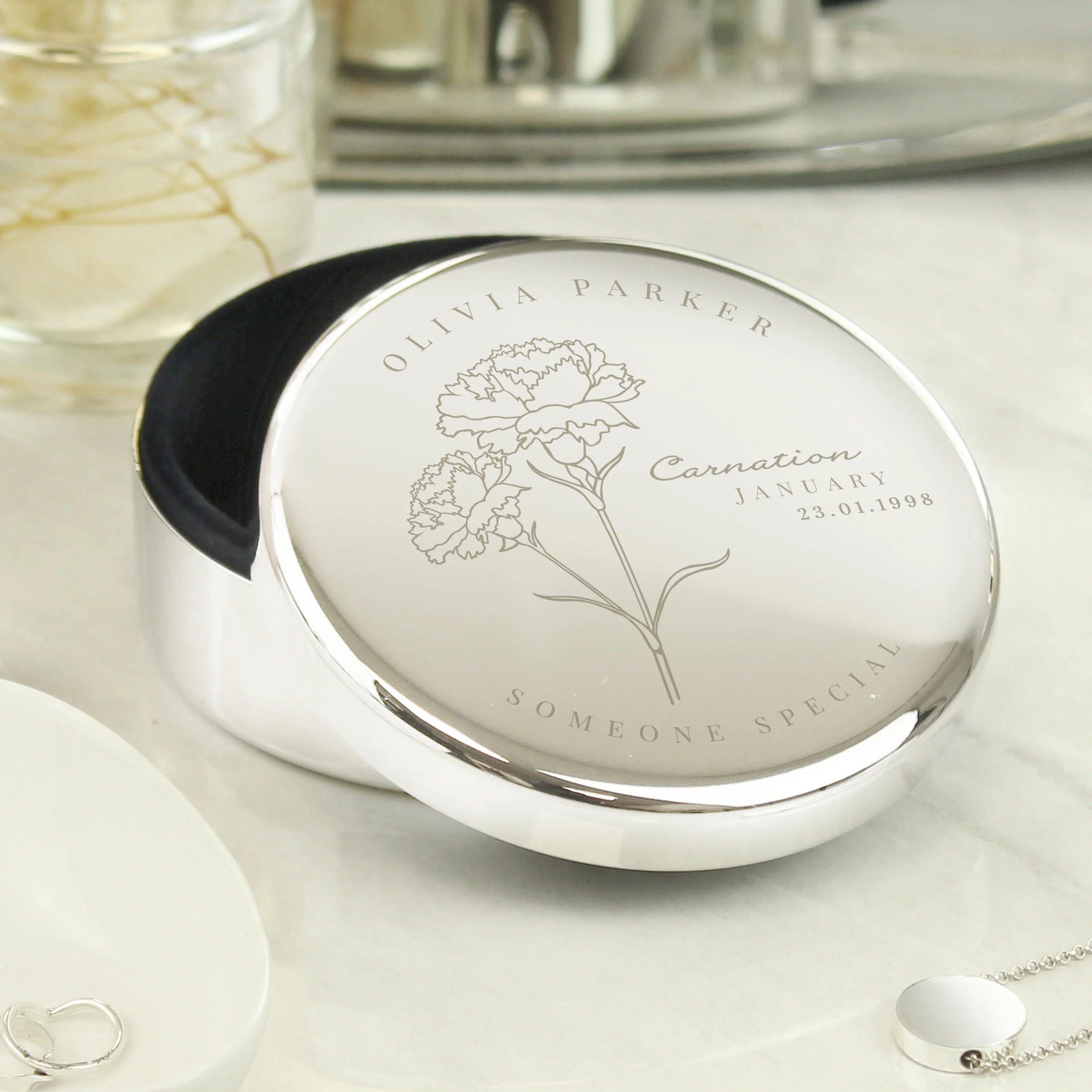Personalised Birth Month Birth Flower Round Trinket Box - Image 3
