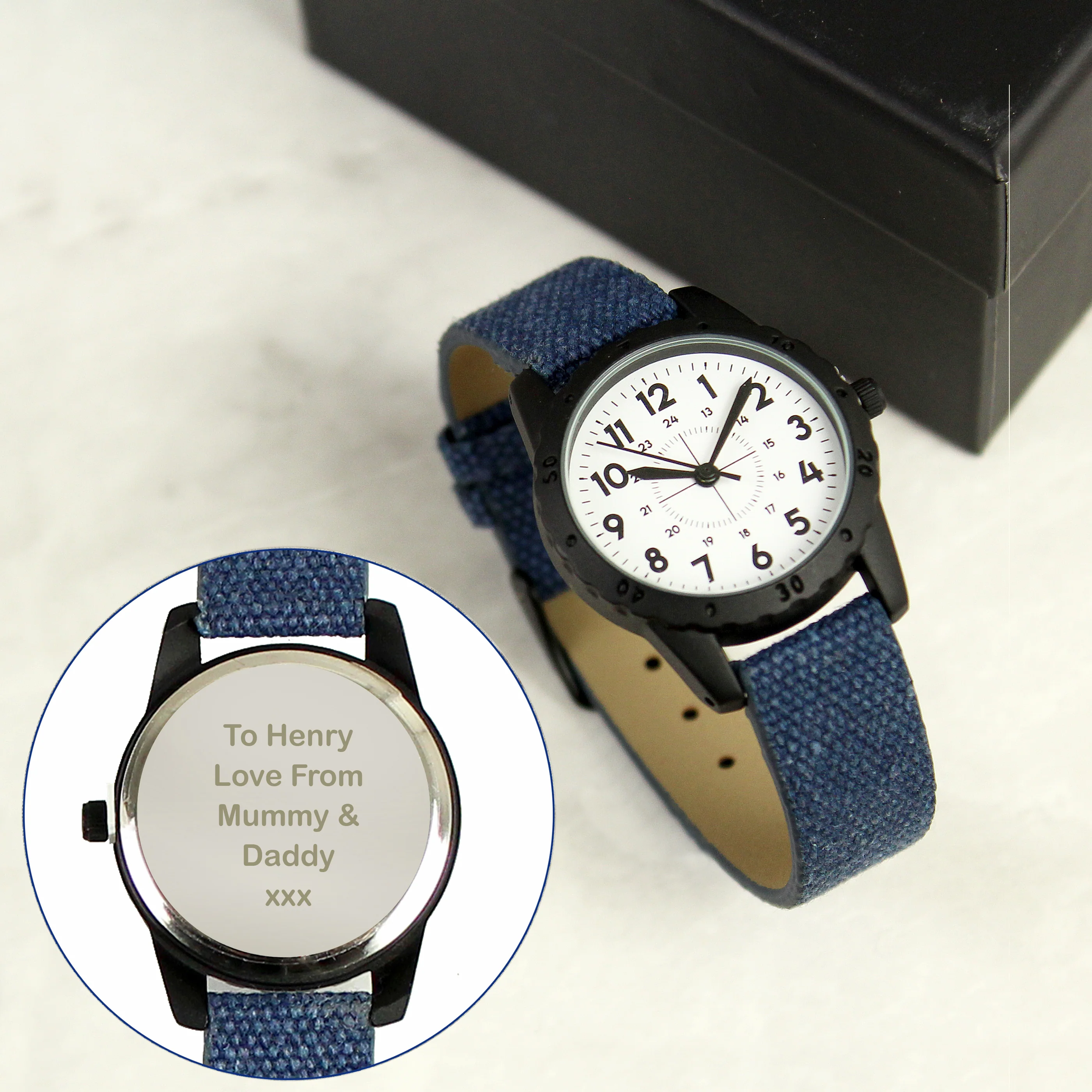 Personalised Black with Blue Canvas Strap Boys Watch - Image 4