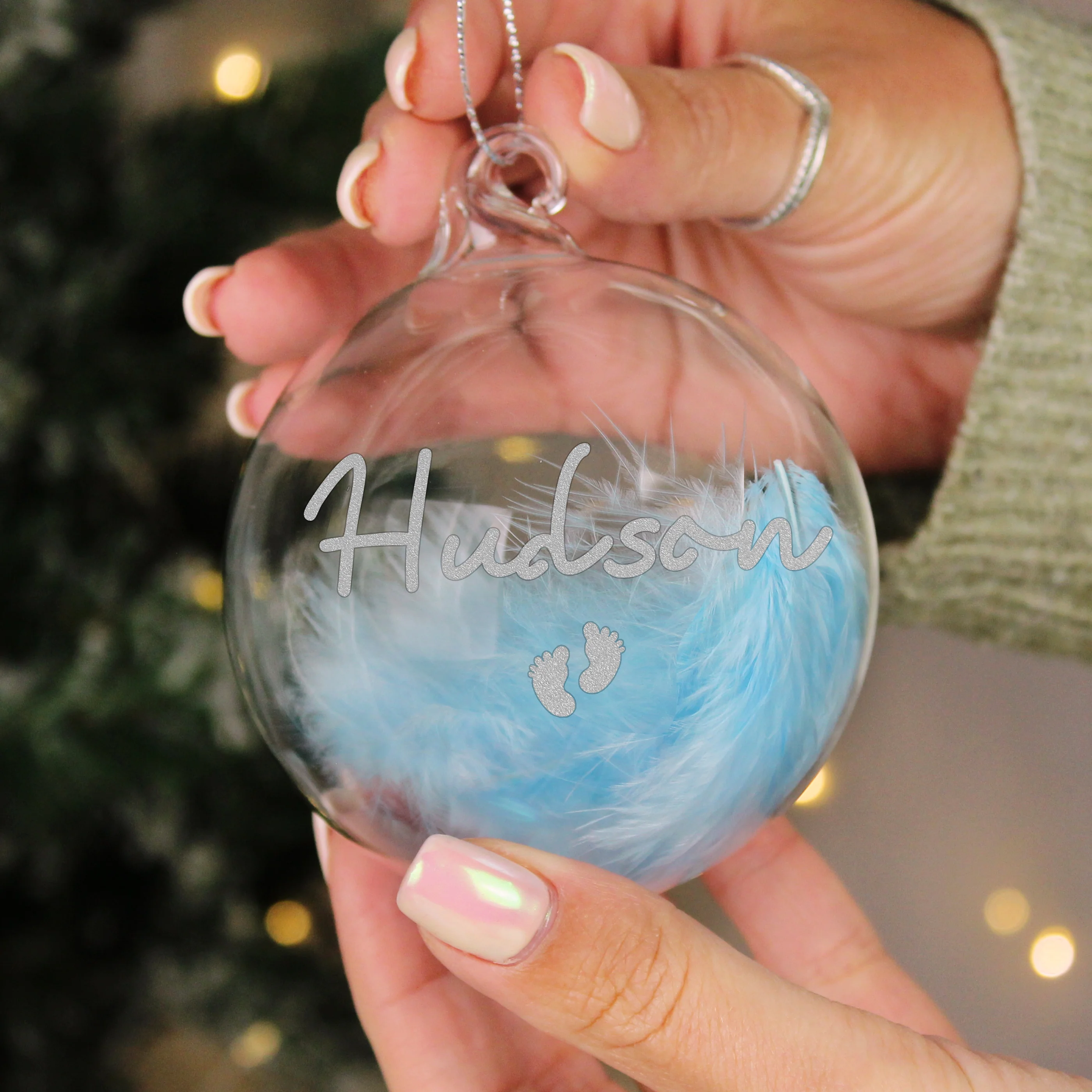 Personalised Blue Feather Silver Footprints Glass Bauble - Image 2
