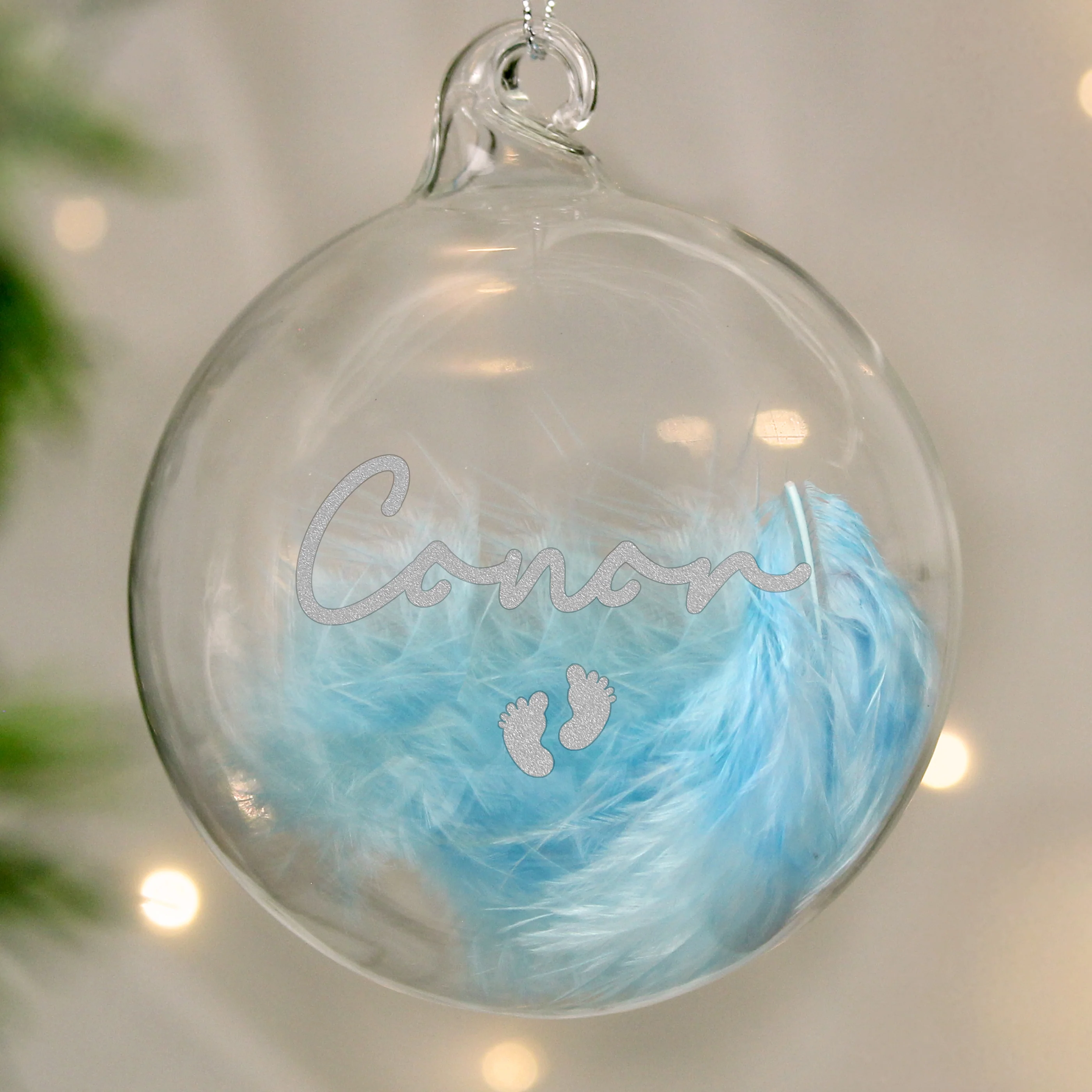 Personalised Blue Feather Silver Footprints Glass Bauble - Image 4