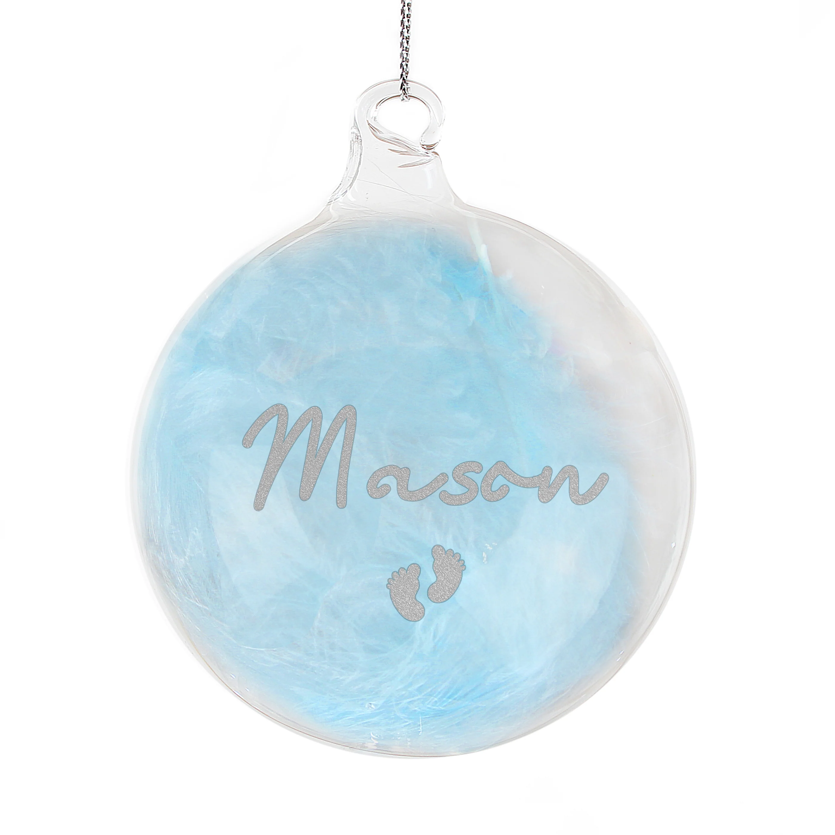 Personalised Blue Feather Silver Footprints Glass Bauble - Image 5