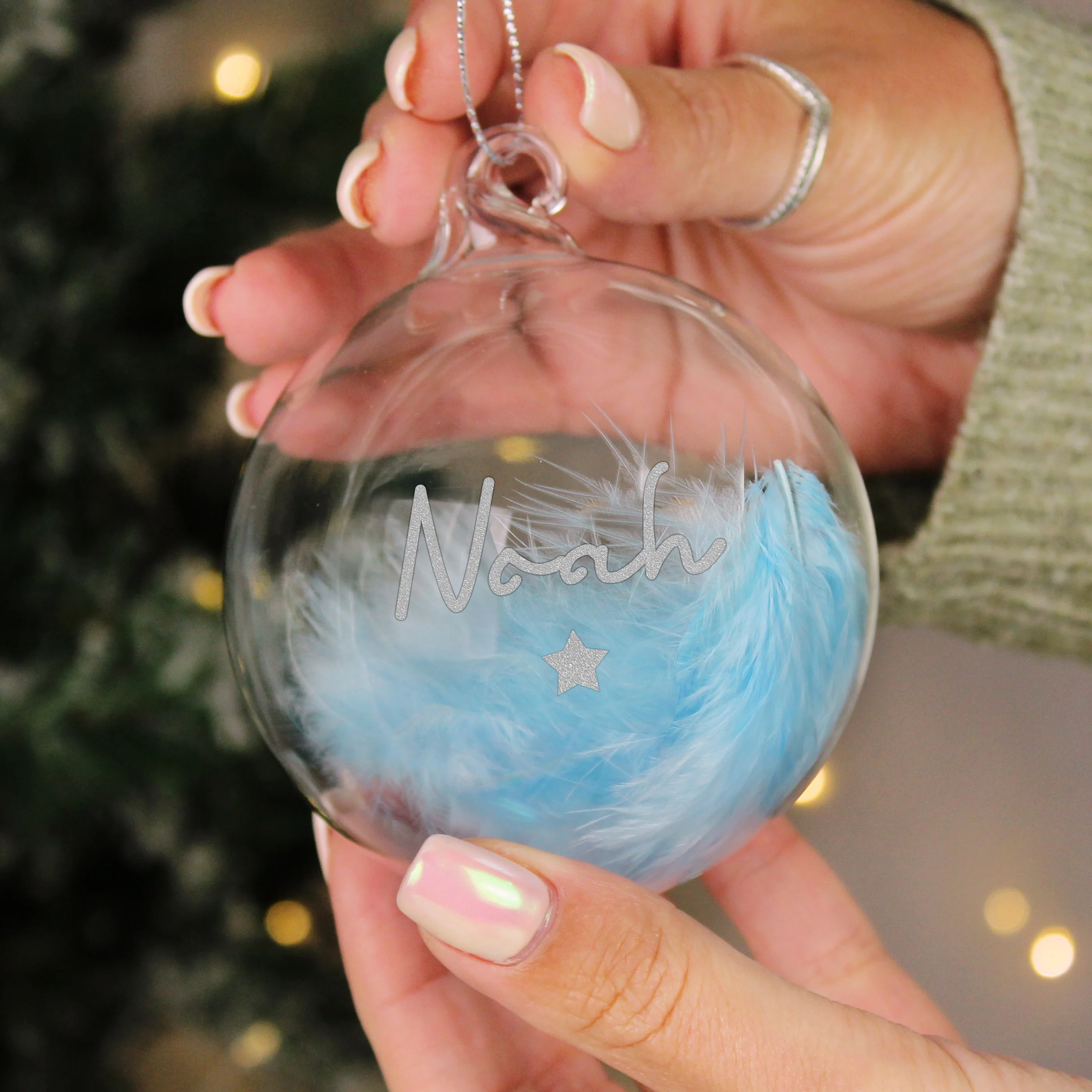 Personalised Blue Feather Silver Star Glass Bauble - Image 2