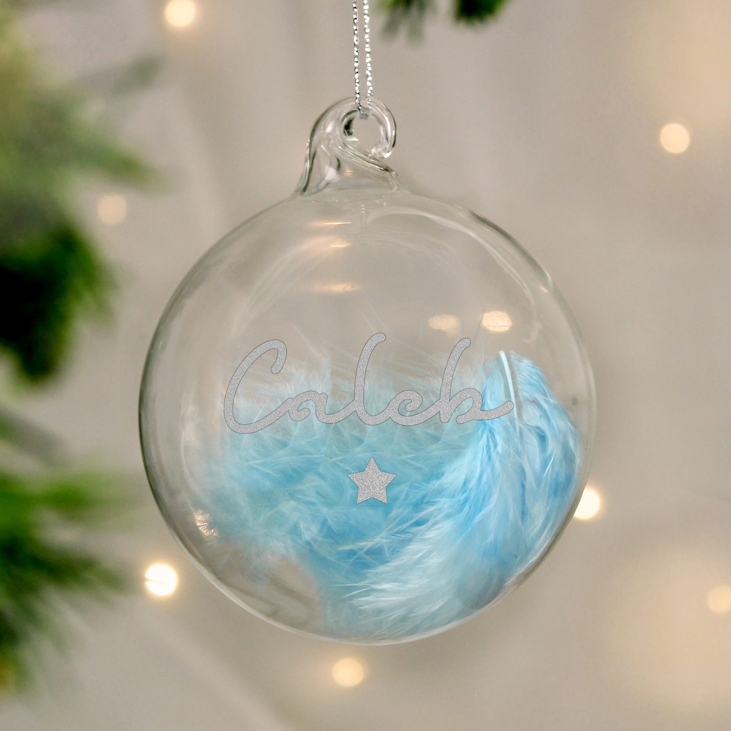 Personalised Blue Feather Silver Star Glass Bauble - Image 3