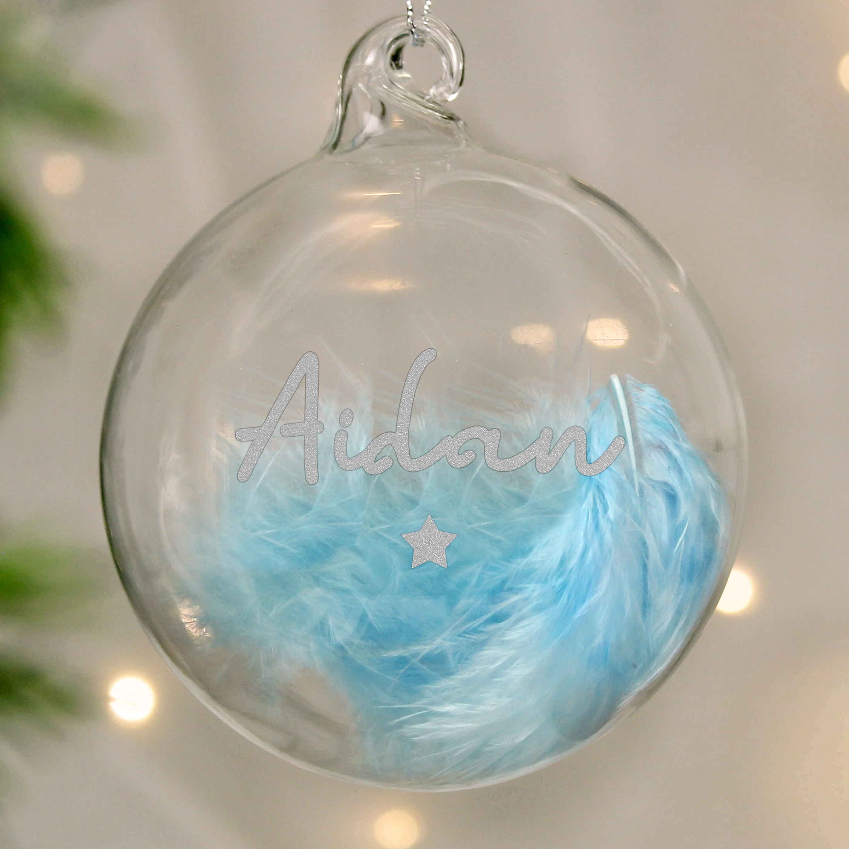 Personalised Blue Feather Silver Star Glass Bauble - Image 4