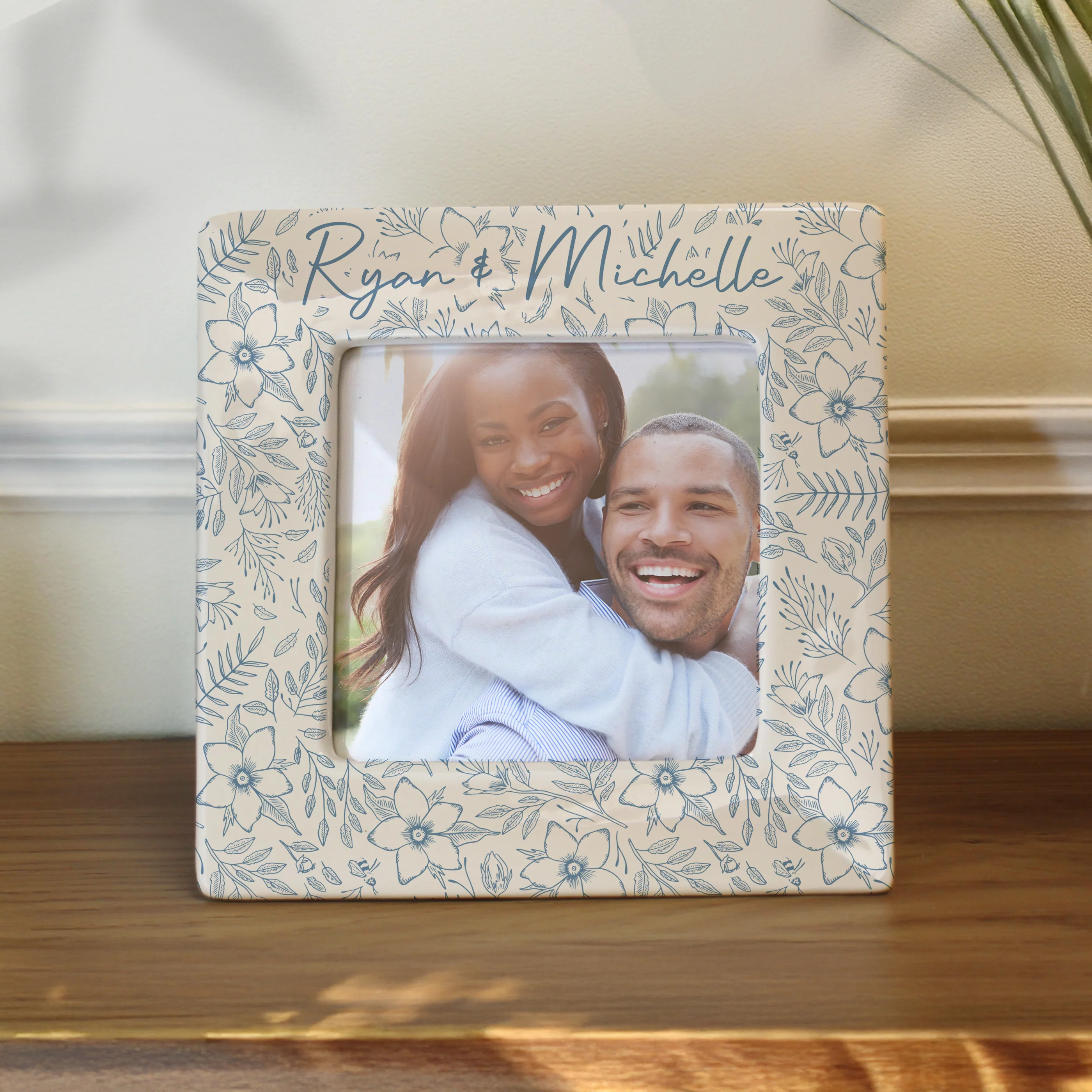 Personalised Blue Floral Ceramic 4x4 Frame - Image 2