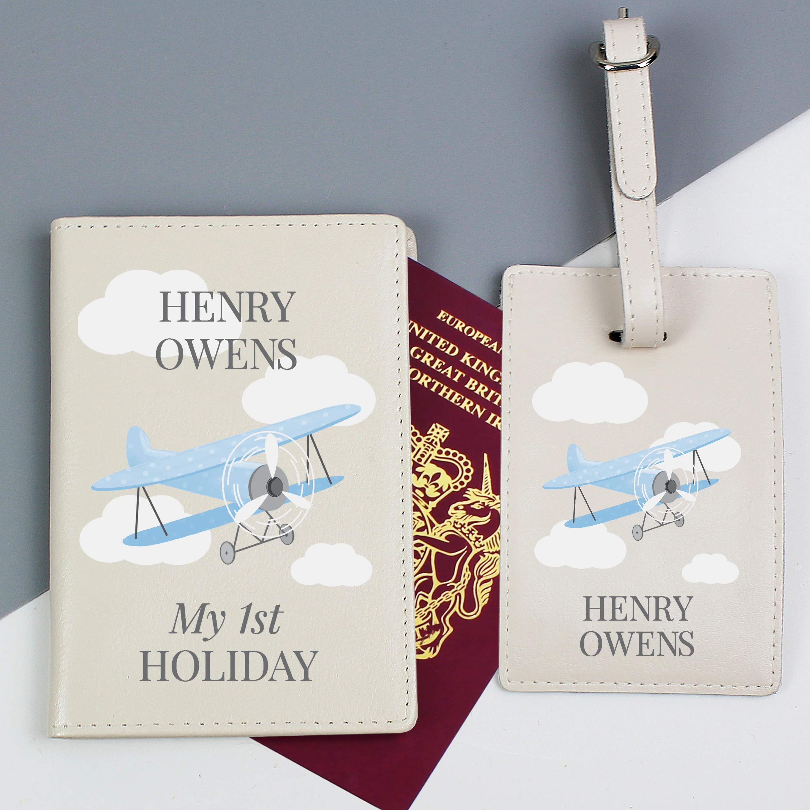 Personalised Blue Plane Passport Holder & Luggage Tag Set - Image 3
