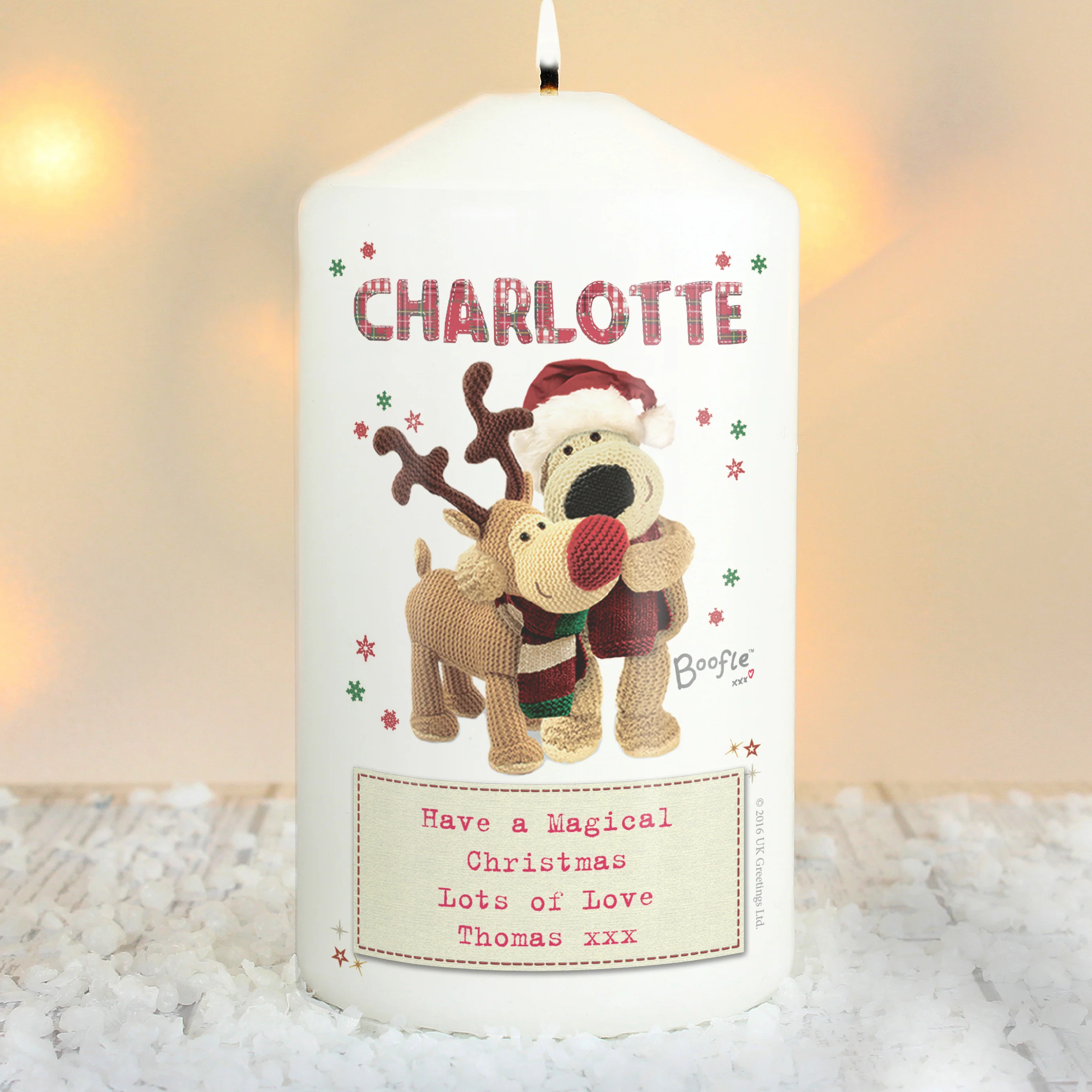 Personalised Boofle Christmas Reindeer Pillar Candle - Image 2