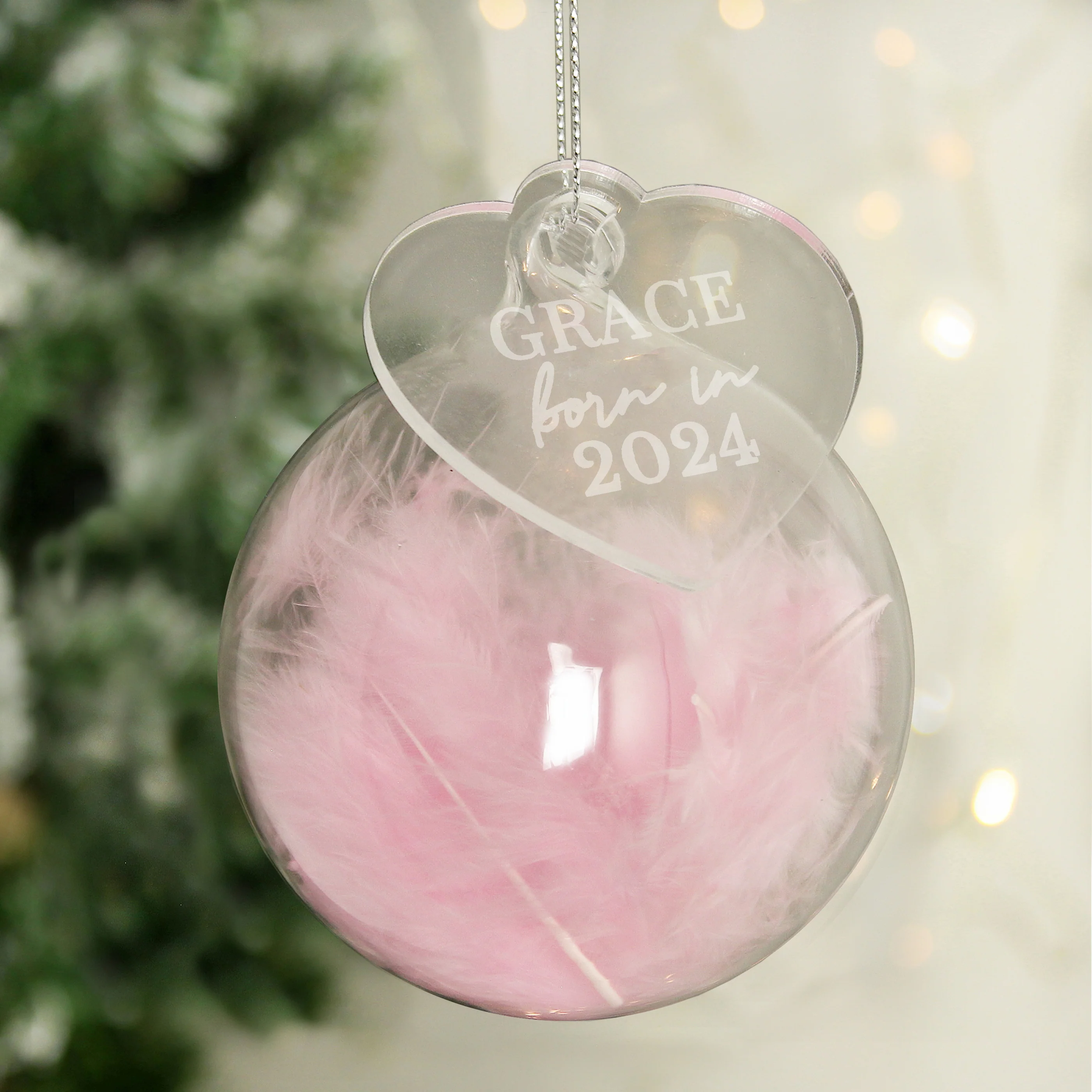 Personalised Born In Pink Feather Glass Bauble With Heart Tag - Image 2