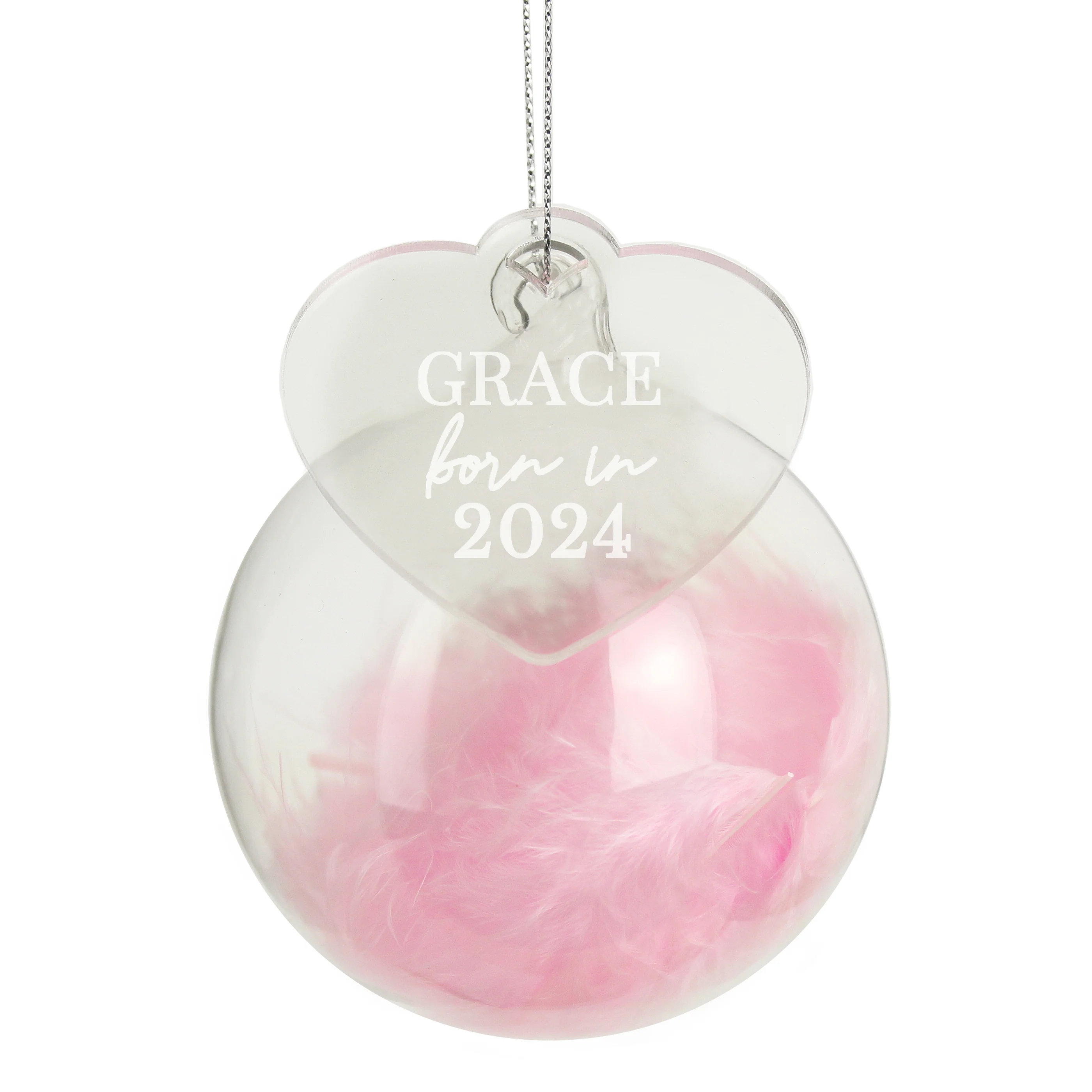 Personalised Born In Pink Feather Glass Bauble With Heart Tag - Image 3