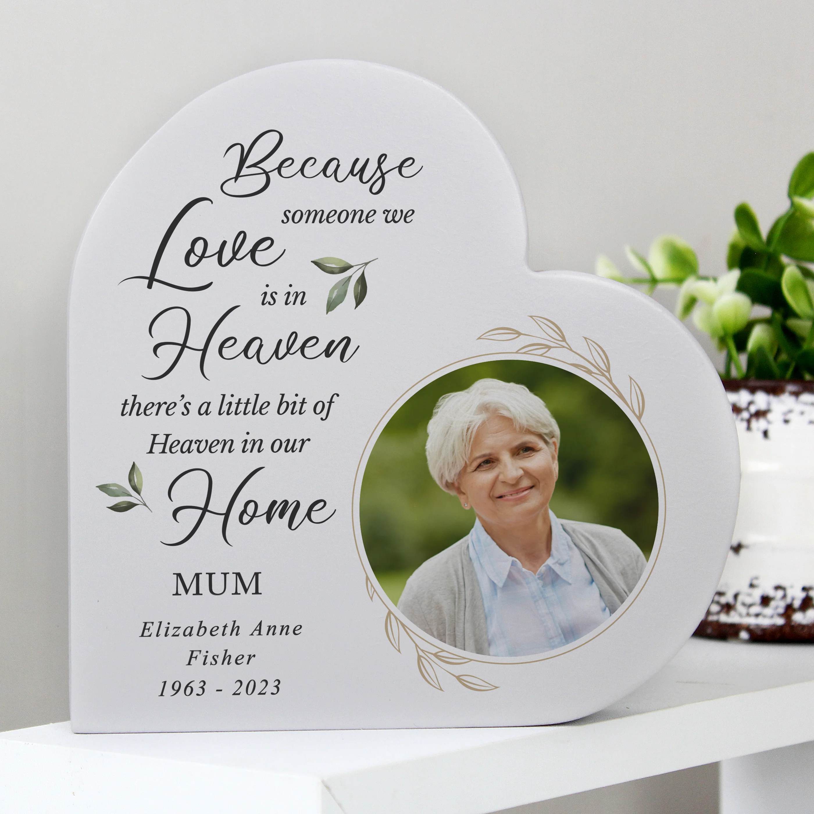 Personalised Botanical Memorial Photo Upload Free Standing Heart Ornament - Image 3