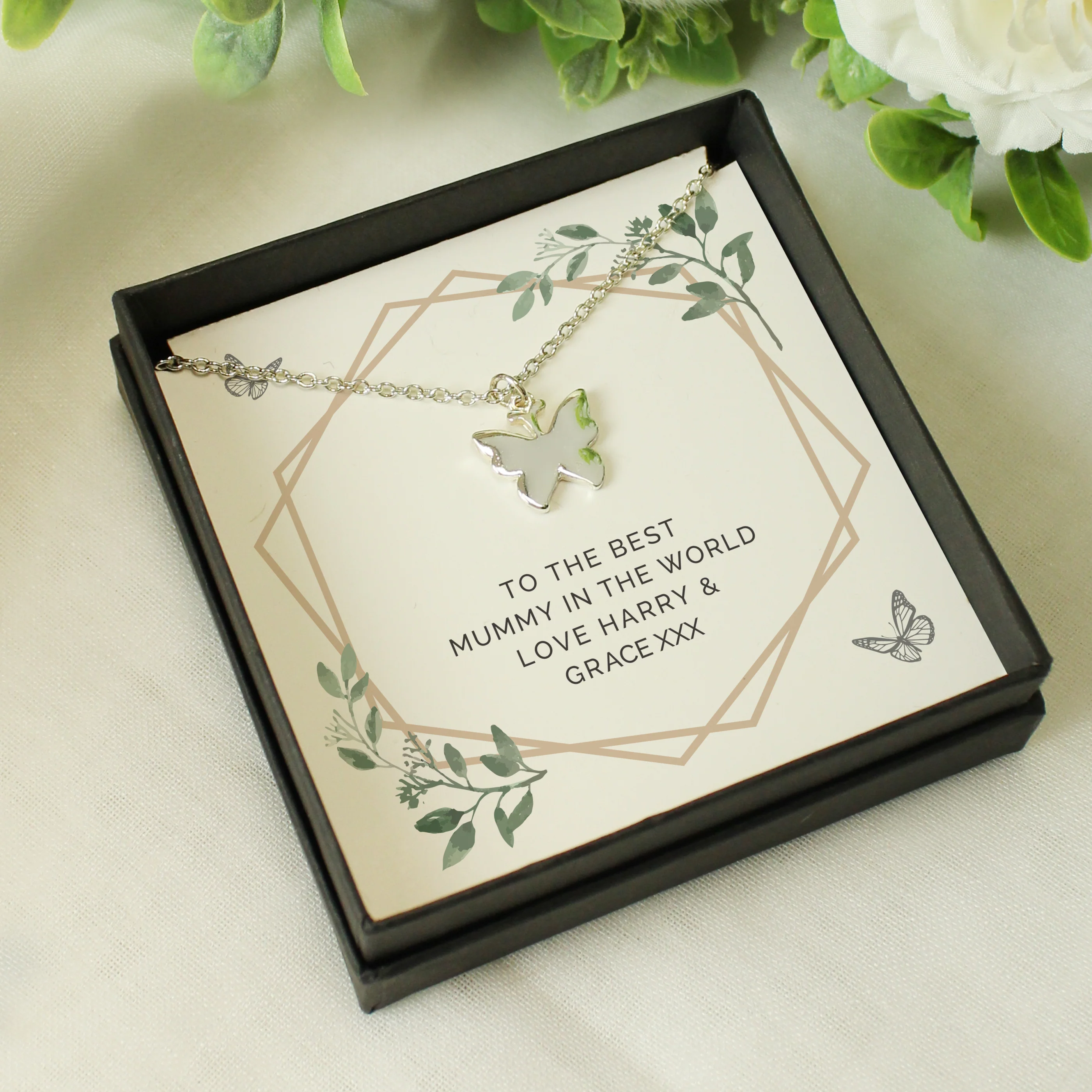Personalised Botanical Sentiment Butterfly Necklace and Box - Image 2