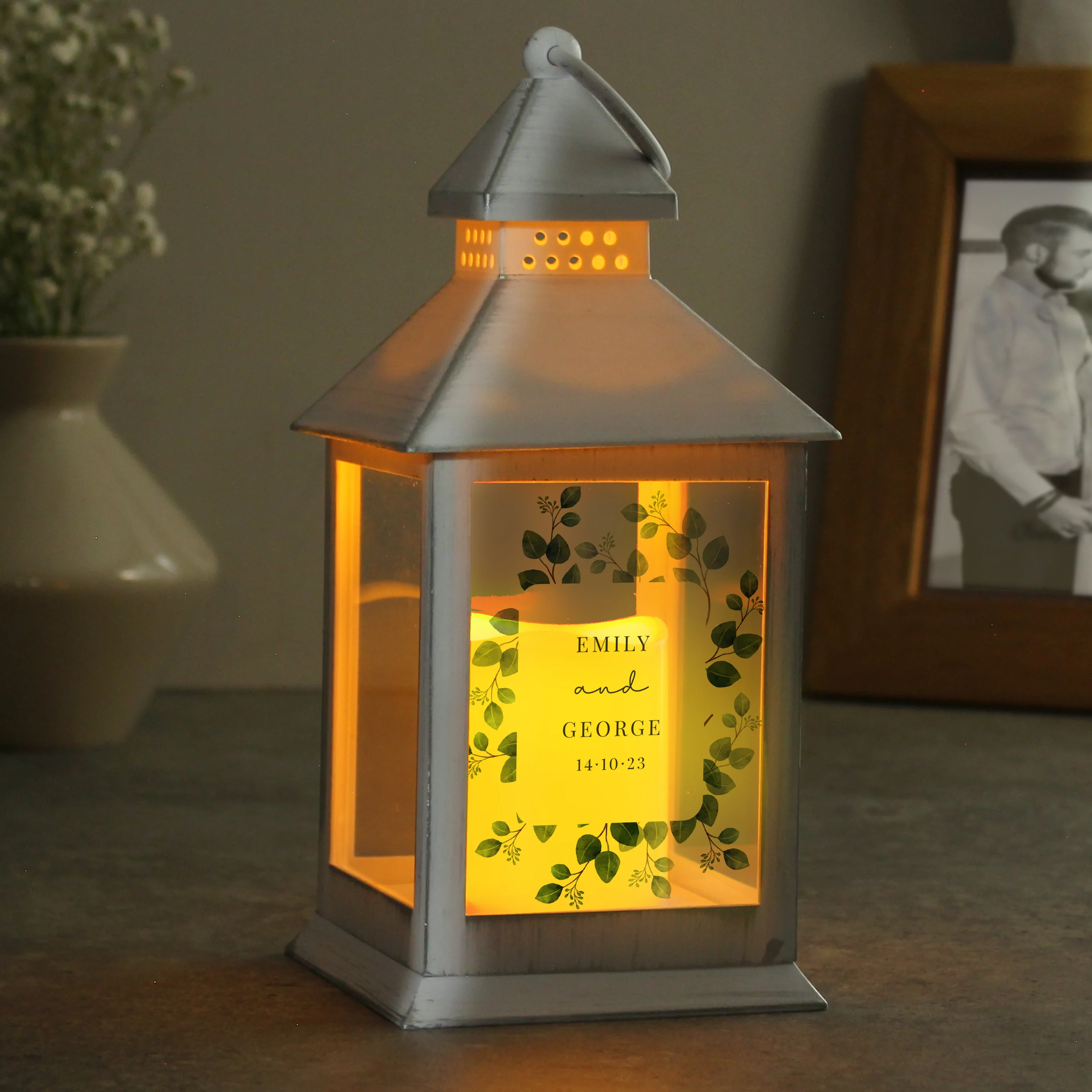 Personalised Botanical Wedding White Lantern - Image 2