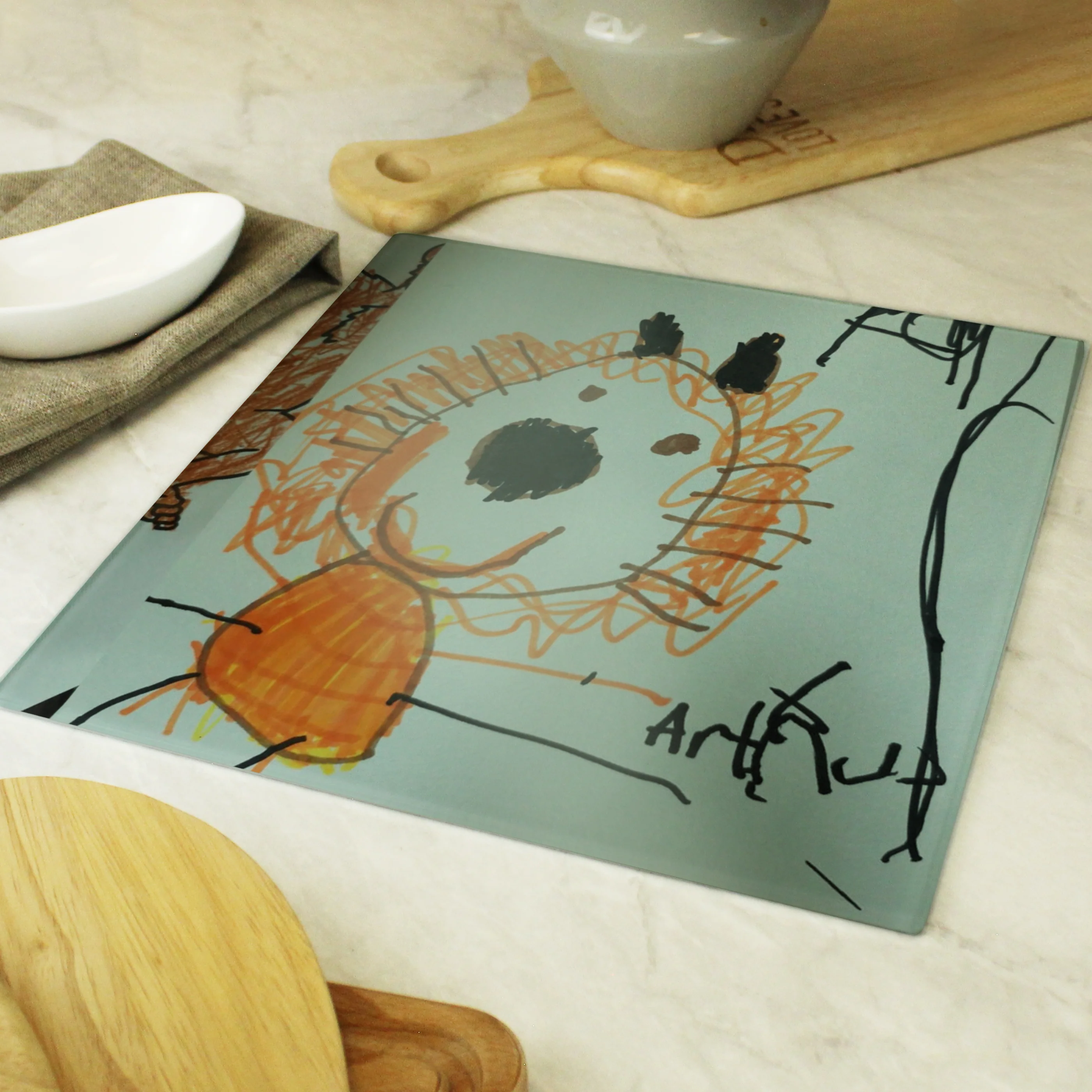 Personalised Childrens Drawing Photo Upload Glass Chopping Board/Worktop Saver - Image 2