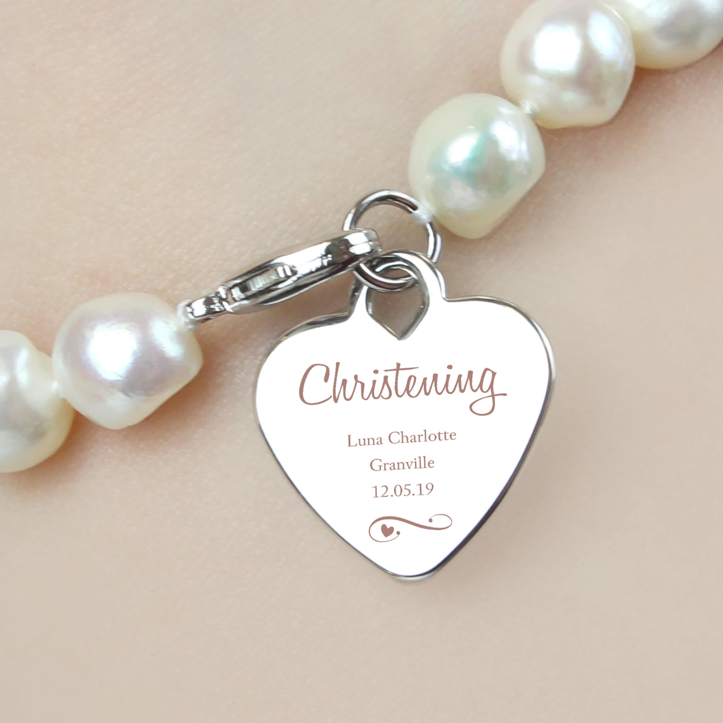 Personalised Christening Swirls & Hearts White Freshwater Pearl Bracelet - Image 4