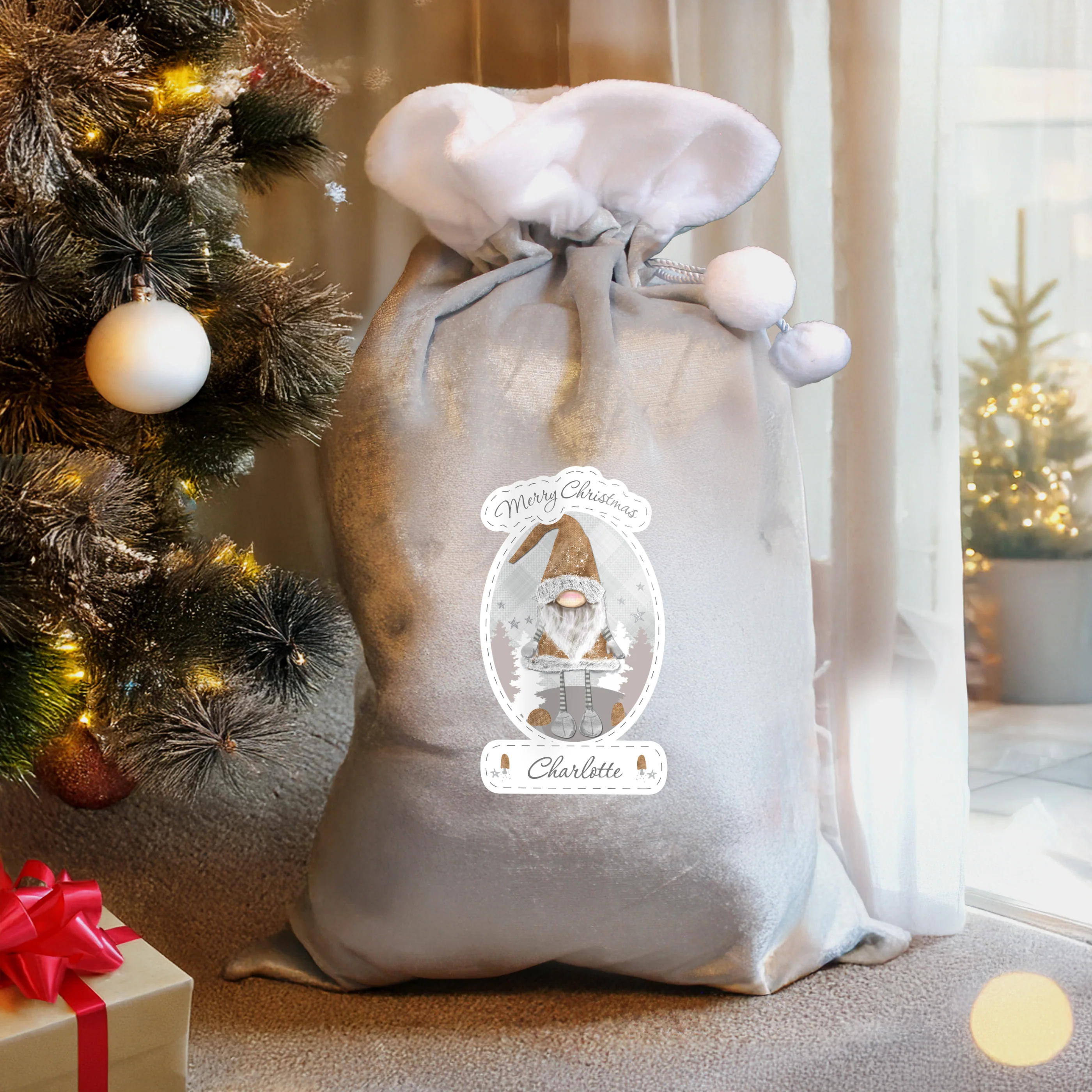Personalised Christmas Gonk Luxury Silver Grey Pom Pom Sack - Image 2