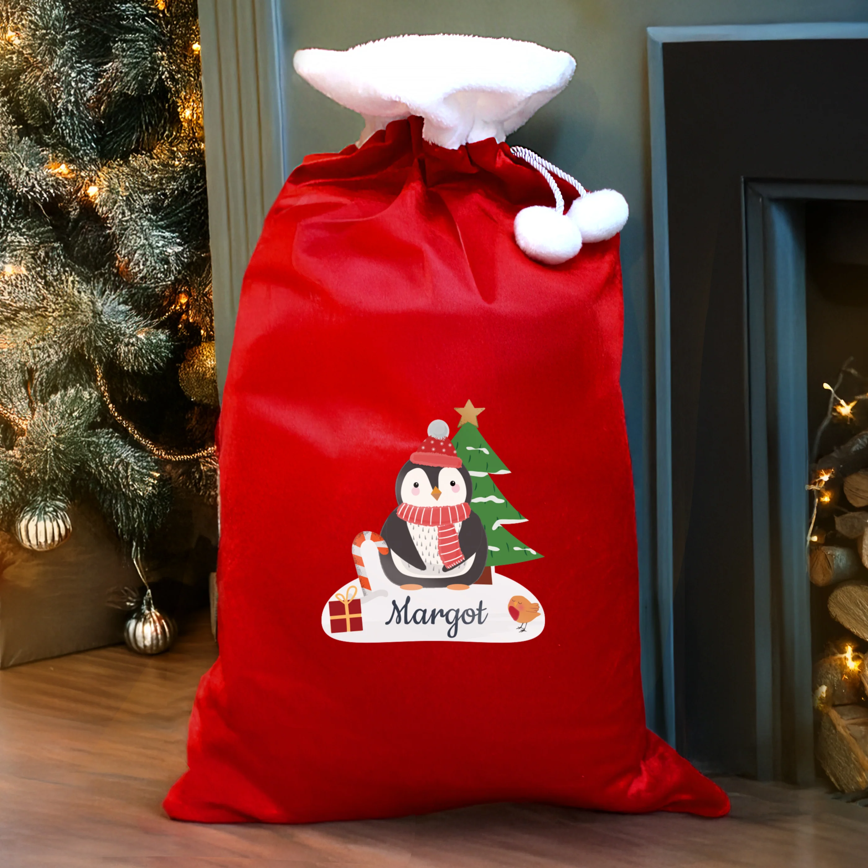 Personalised Christmas Penguin Luxury Pom Pom Red Sack - Image 2