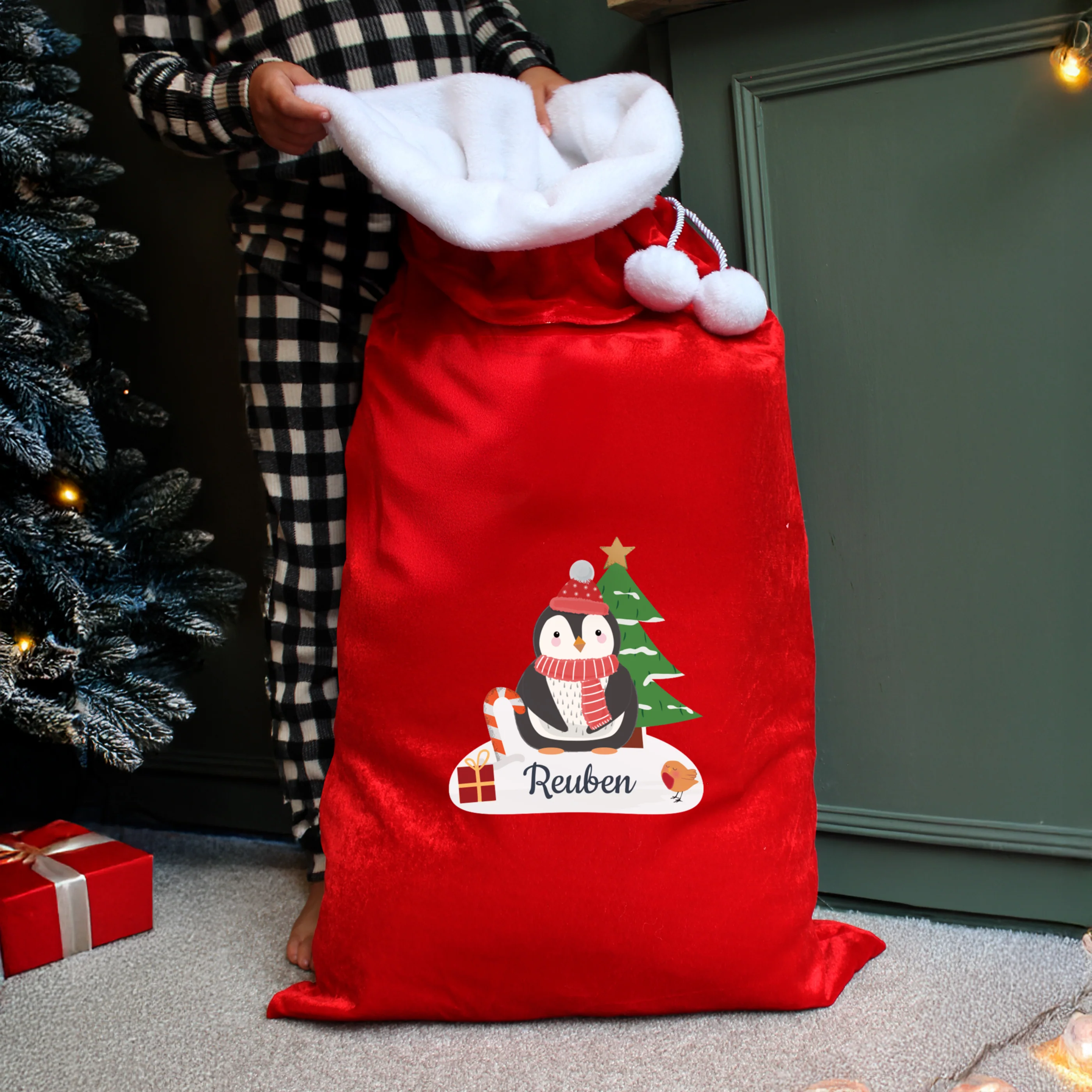 Personalised Christmas Penguin Luxury Pom Pom Red Sack - Image 3