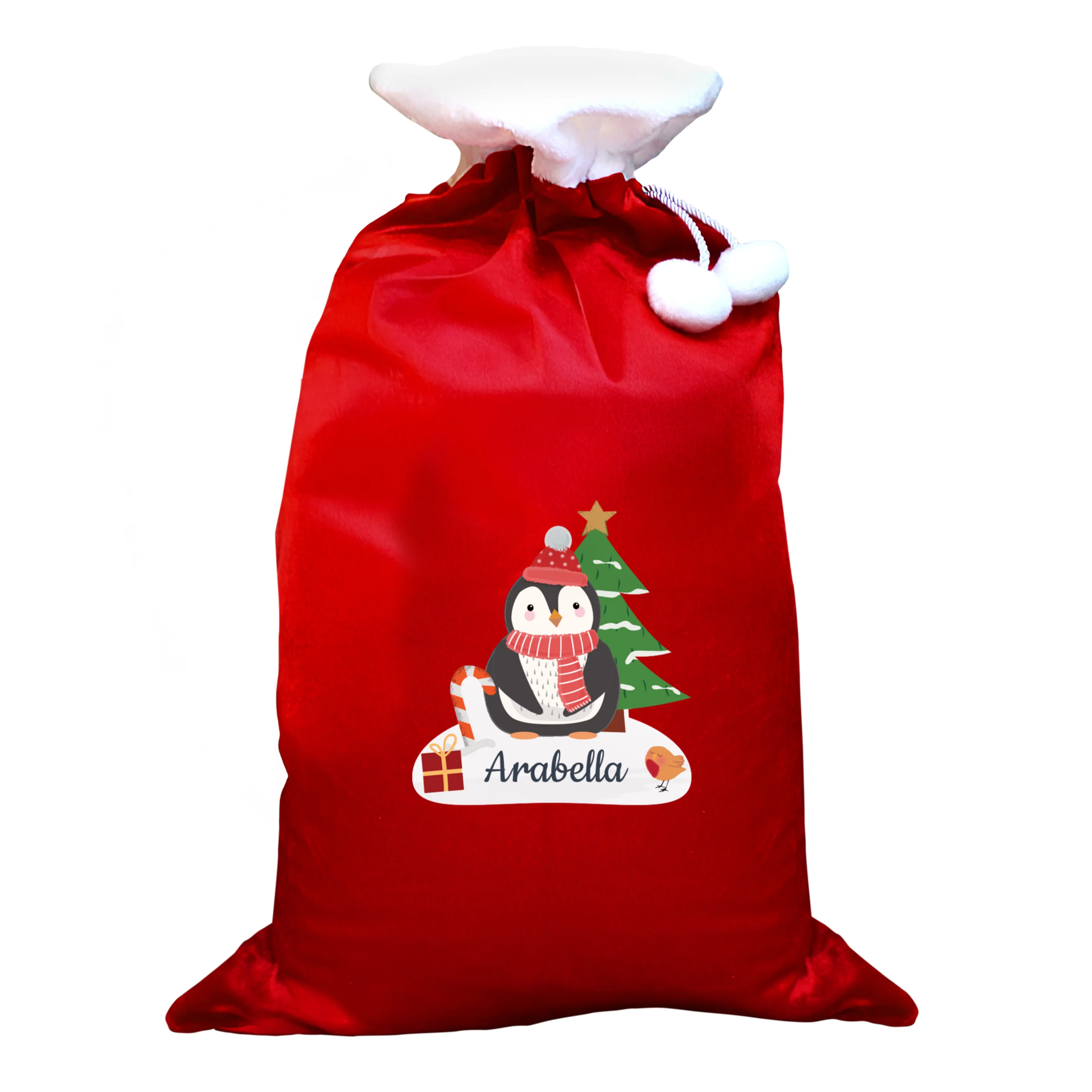 Personalised Christmas Penguin Luxury Pom Pom Red Sack - Image 4
