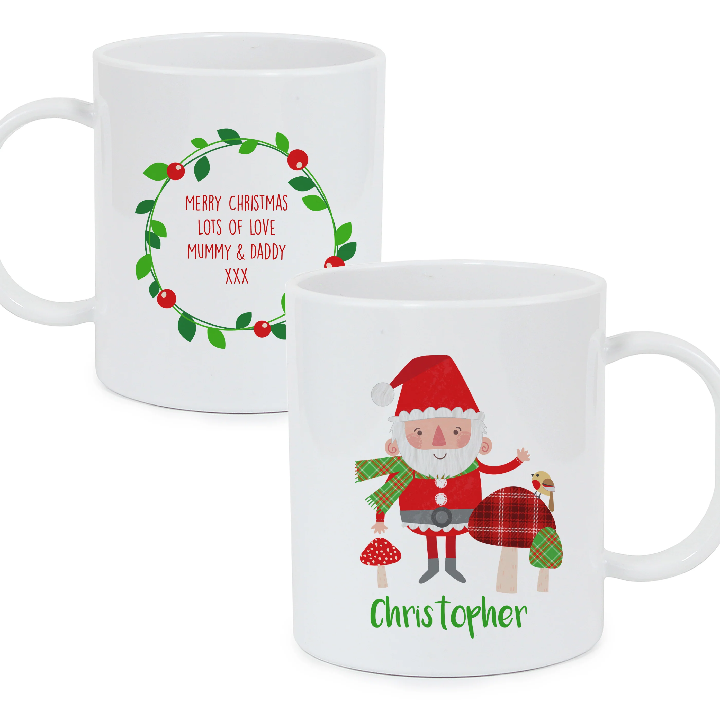Personalised Christmas Toadstool Santa Plastic Mug - Image 2