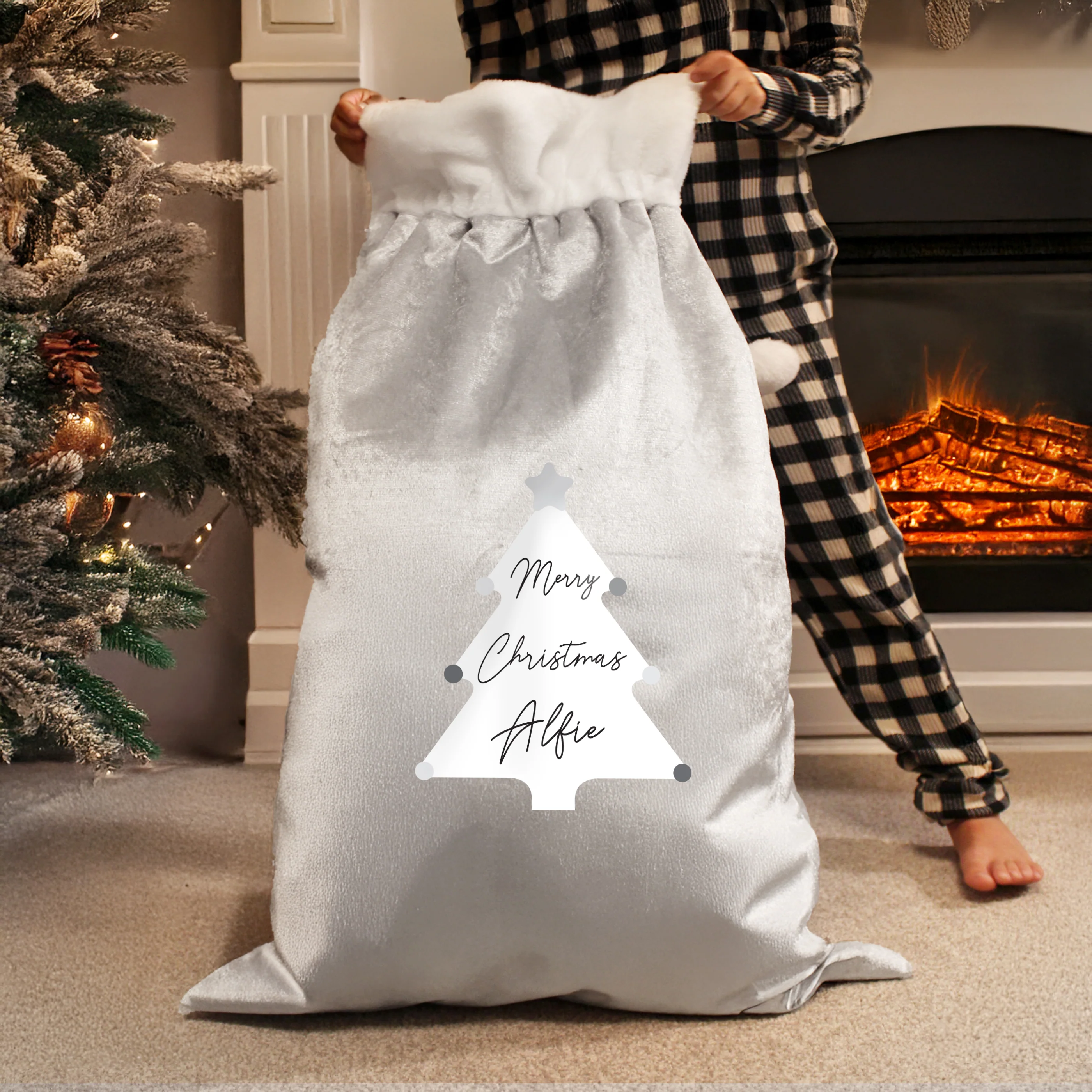 Personalised Christmas Tree Luxury Silver Grey Pom Pom Sack - Image 3