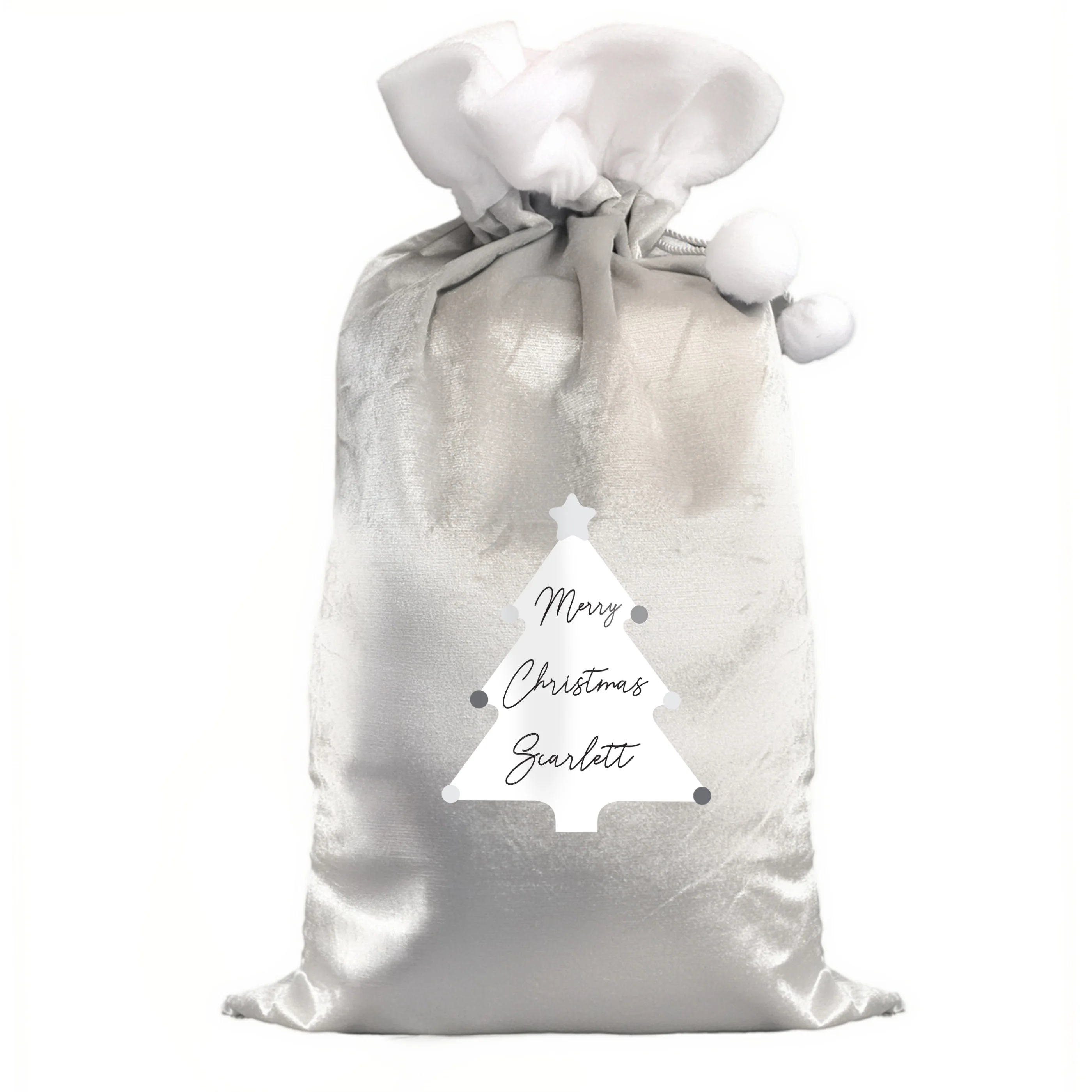 Personalised Christmas Tree Luxury Silver Grey Pom Pom Sack - Image 5