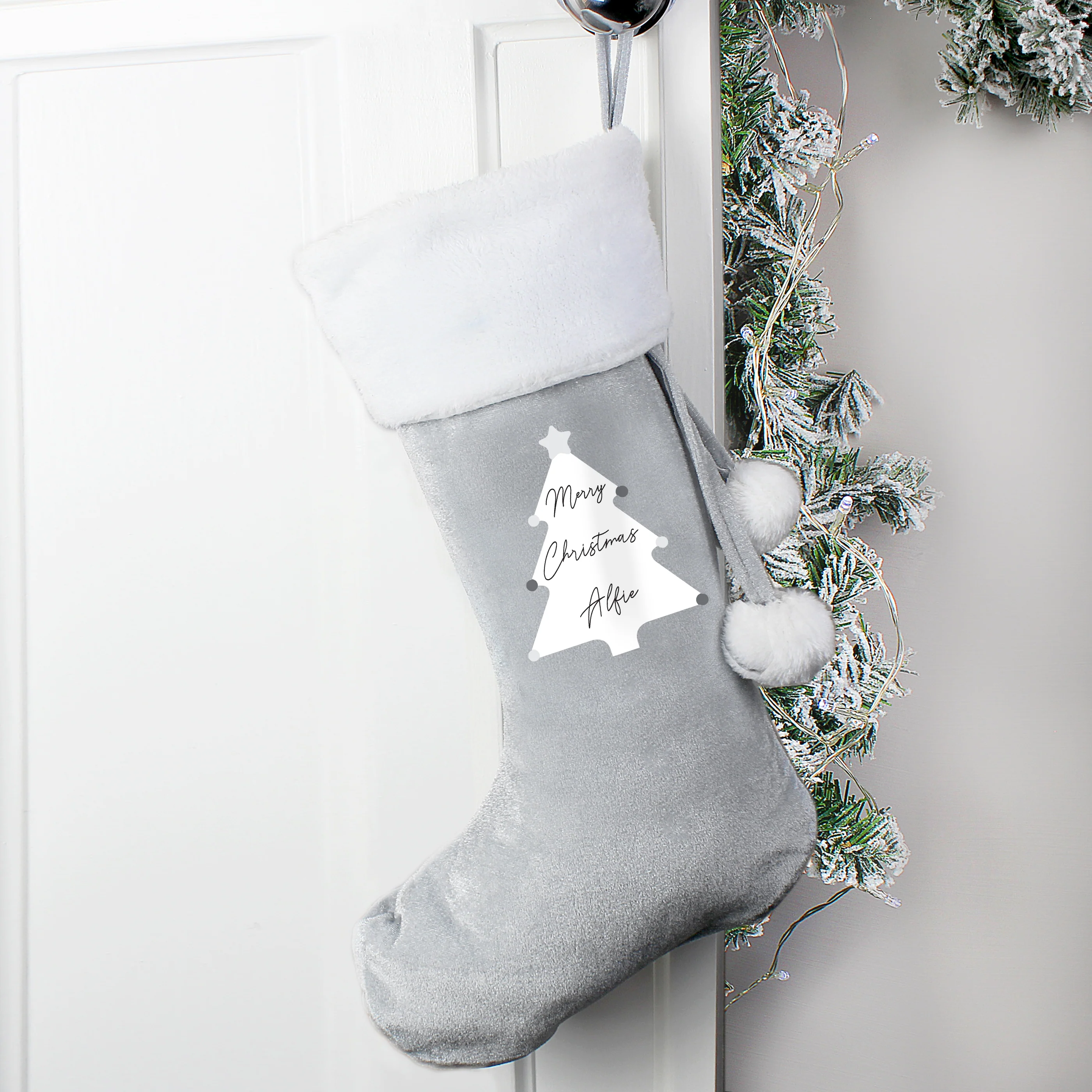 Personalised Christmas Tree Luxury Silver Grey Stocking - Image 2